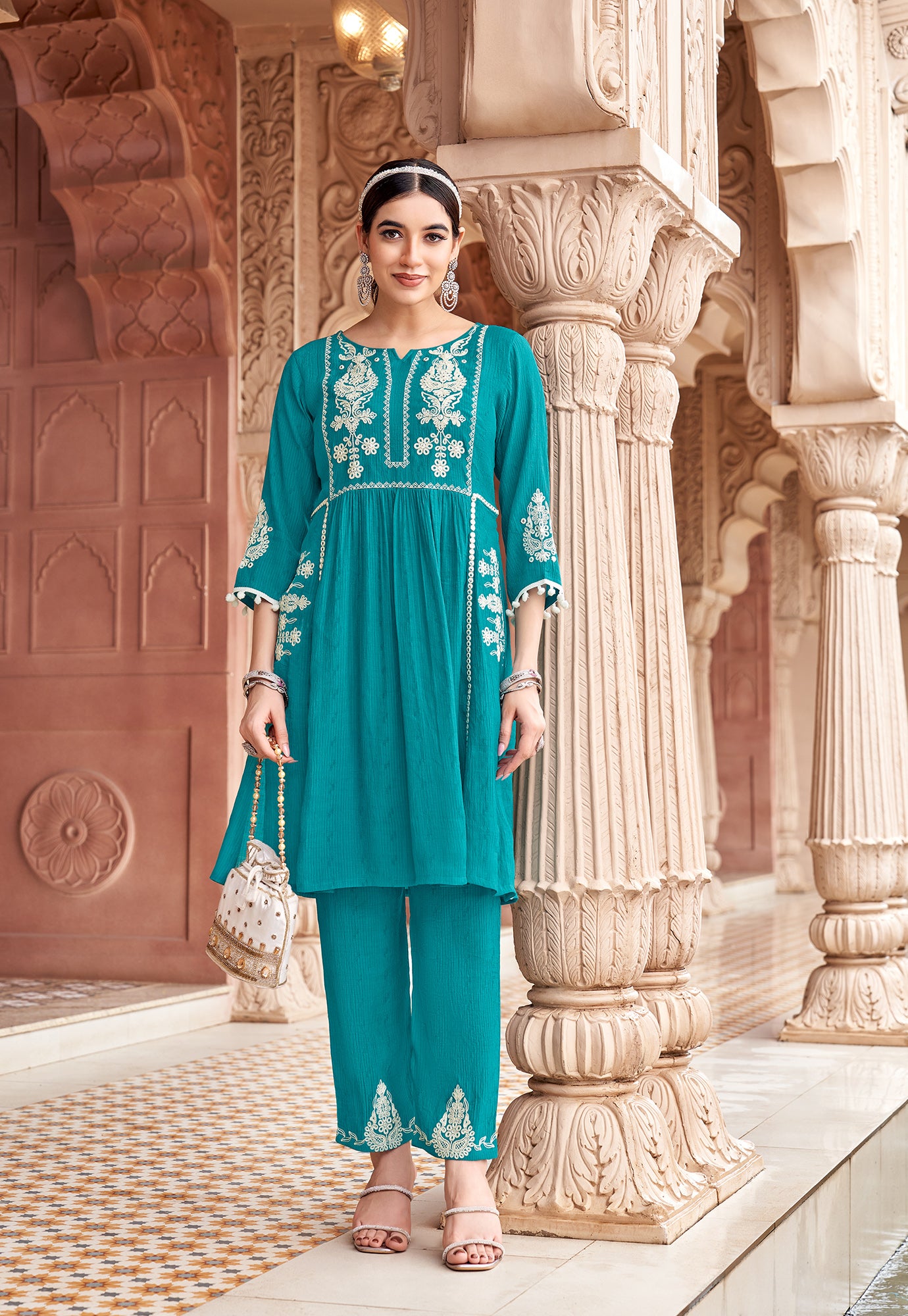 Women Floral Embroidered Pleated Thread Work Kurta with Trousers-NOVA