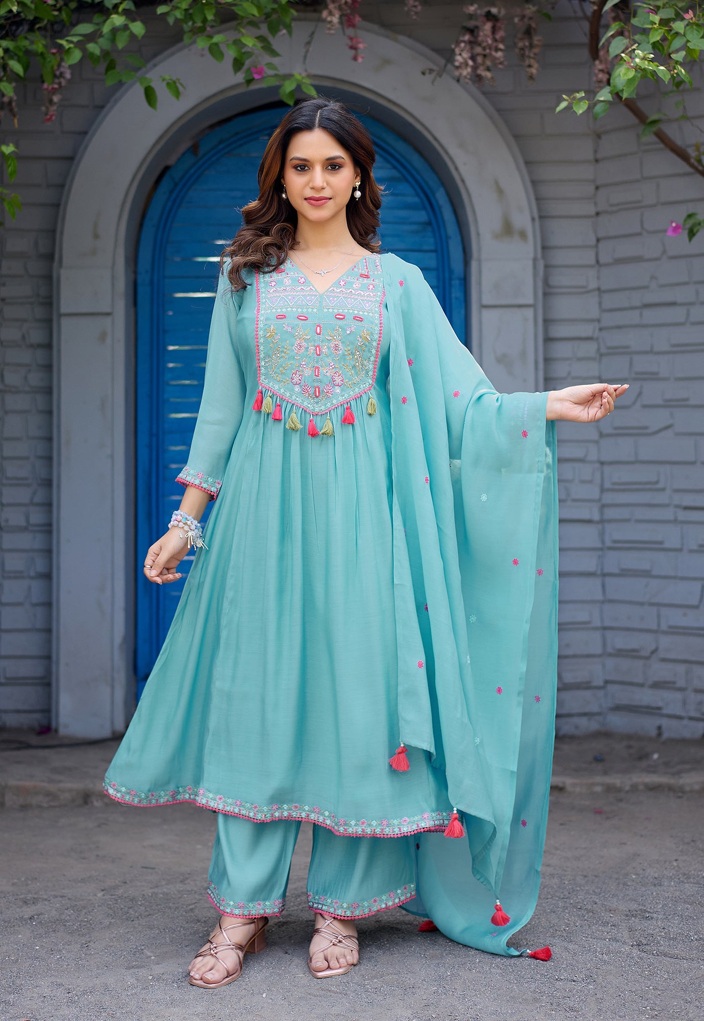 Women Ethnic Motifs Embroidered  Thread Work Chanderi  Kurta with Palazzos &  Dupatta-IV-1036