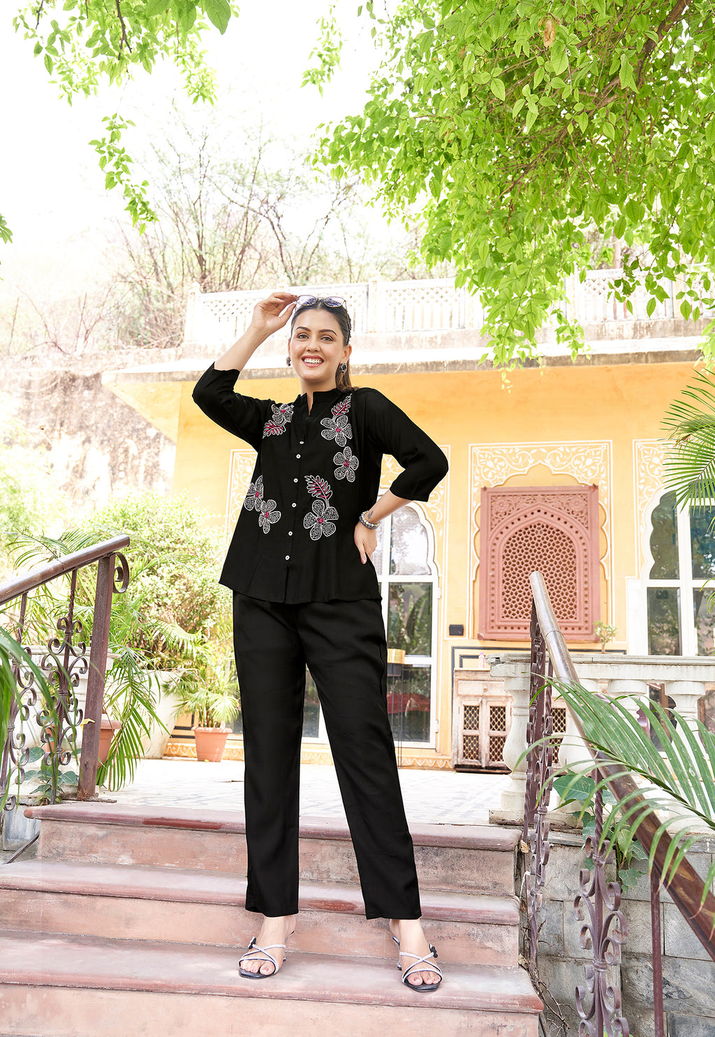 Embroidered Mandarin Collar Neck Shirt With Trousers-PRANJAL