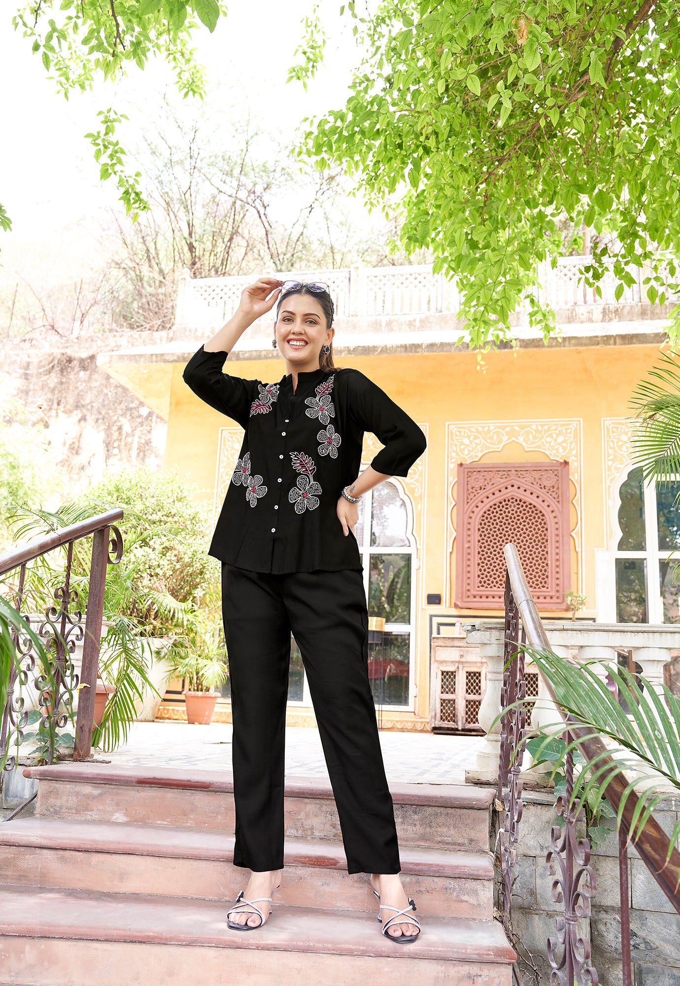 Embroidered Mandarin Collar Neck Shirt With Trousers-PRANJAL