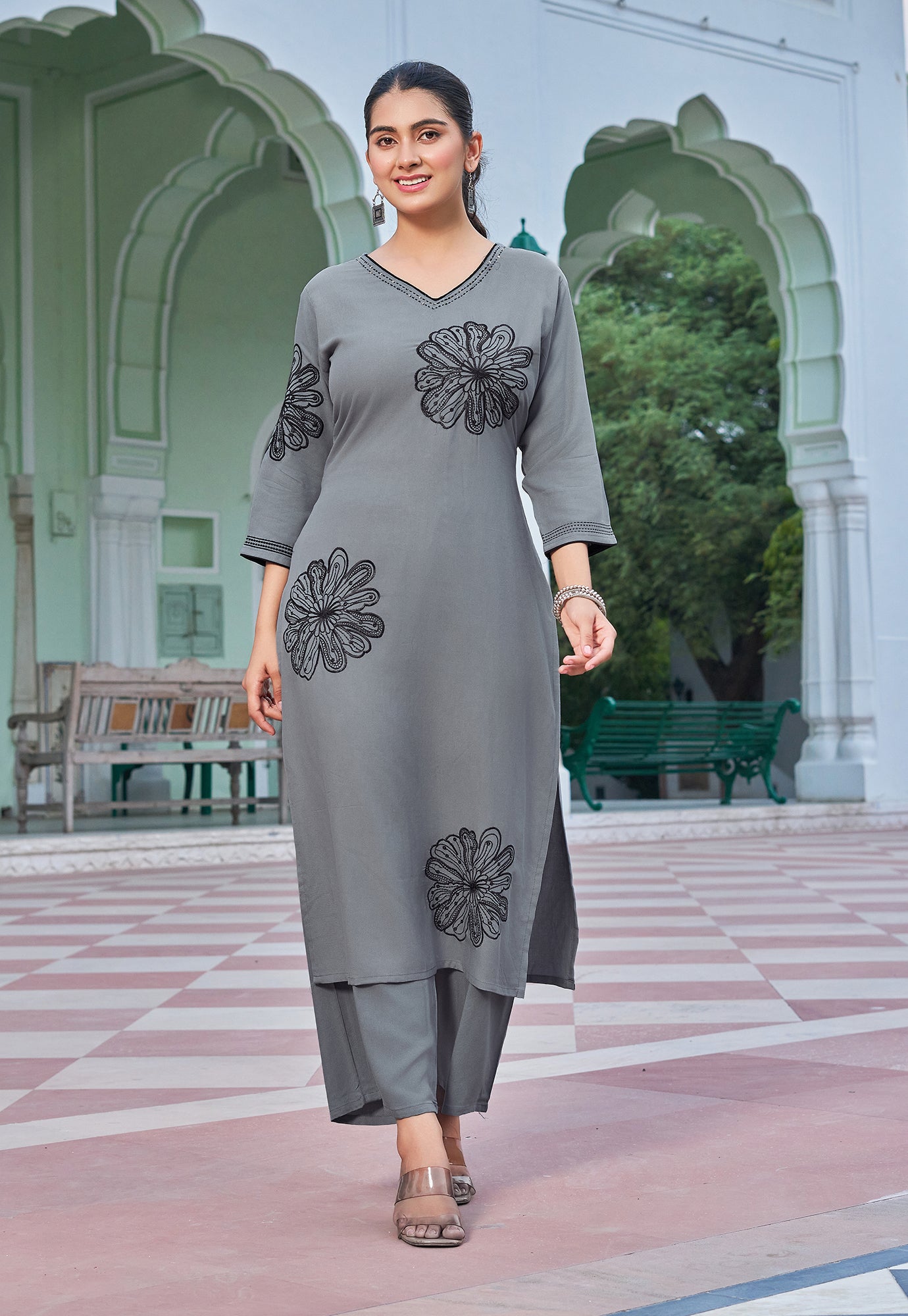 Women Floral Embroidered Kurta with Palazzos-RAMYAA