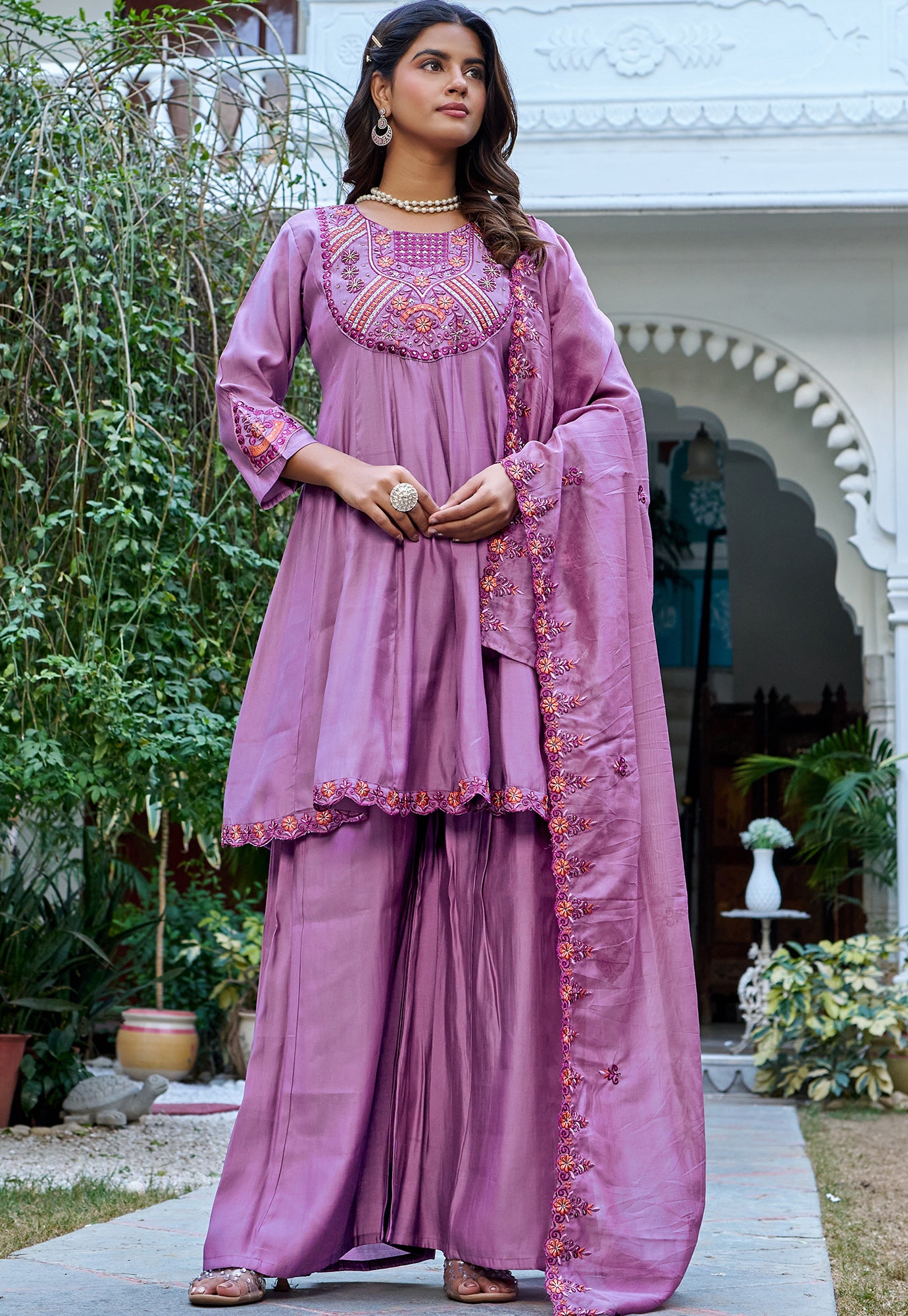 Women Ethnic Motifs Embroidered Thread Work Kurta with Sharara & With Dupatta-KS-216