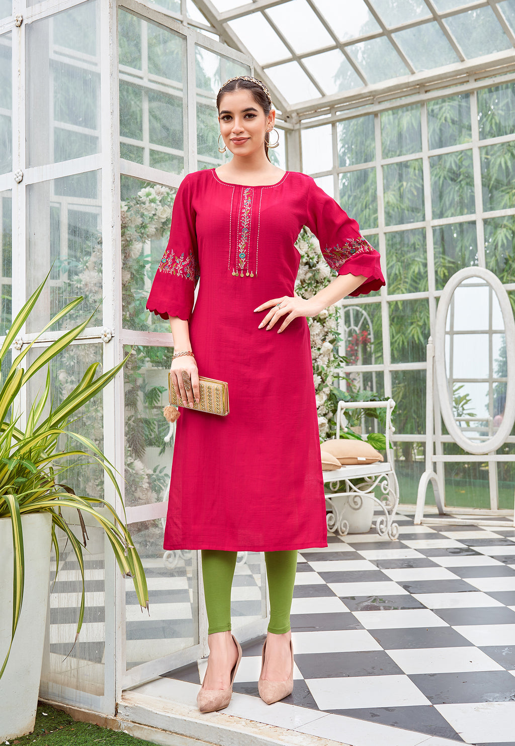 Floral Embroidered Flared Sleeves Thread Work Thread Work Kurti-ZAREENA
