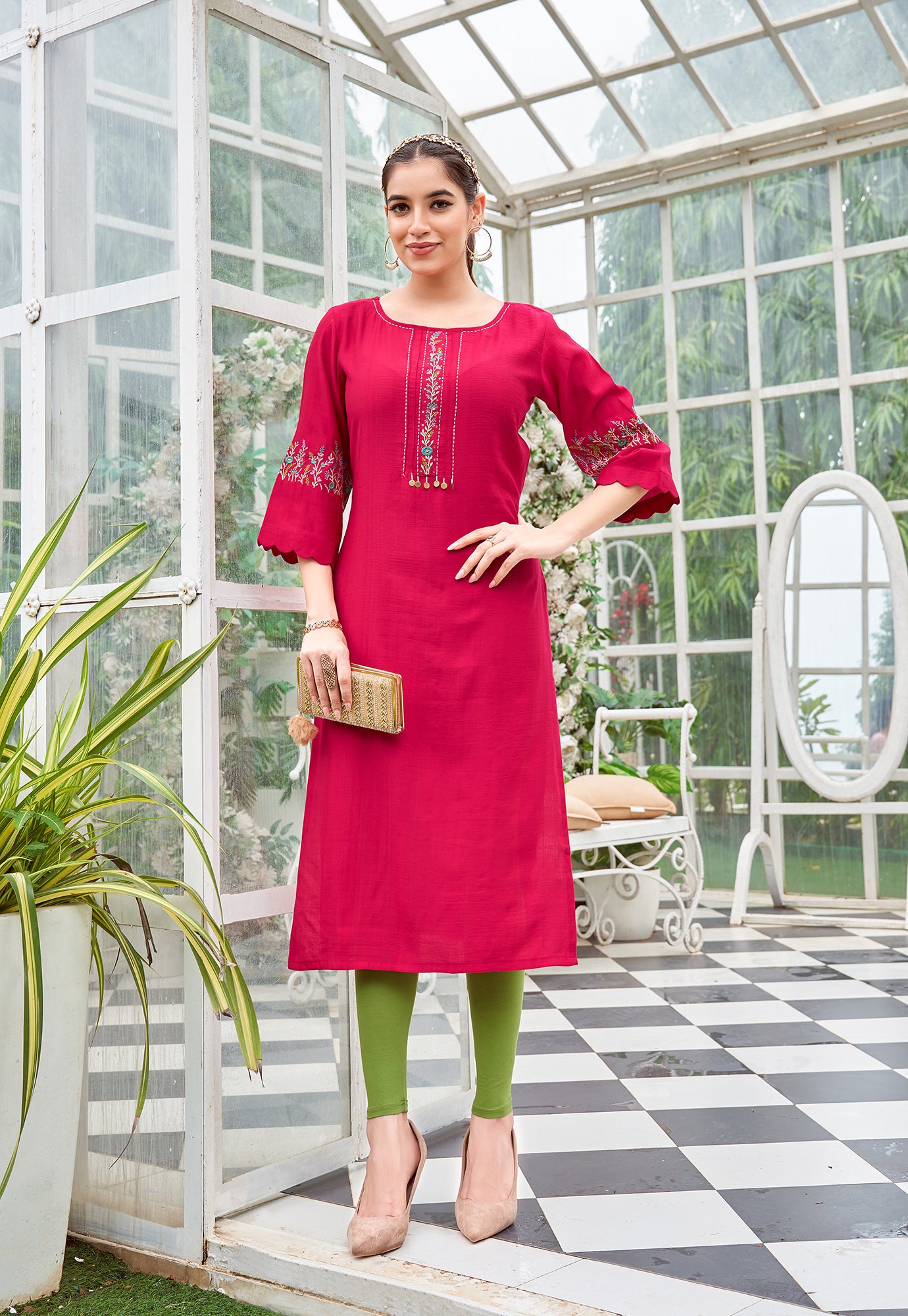 Floral Embroidered Flared Sleeves Thread Work Thread Work Kurti-ZAREENA