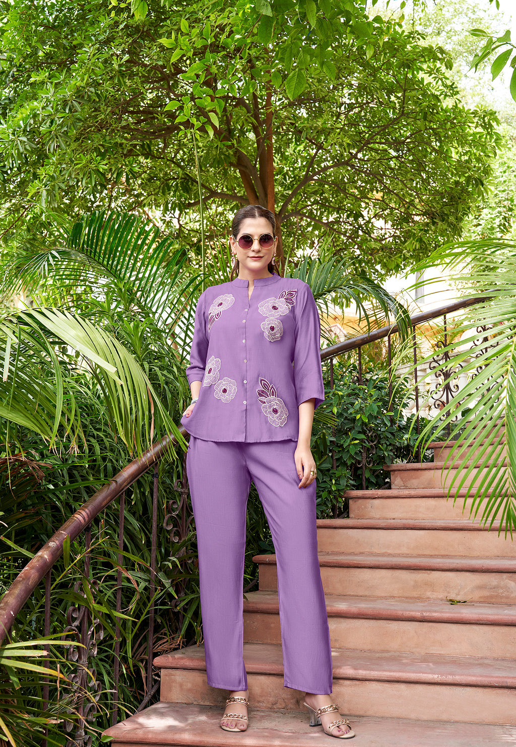 Embroidered Mandarin Collar Neck Shirt With Trousers-PRANJAL