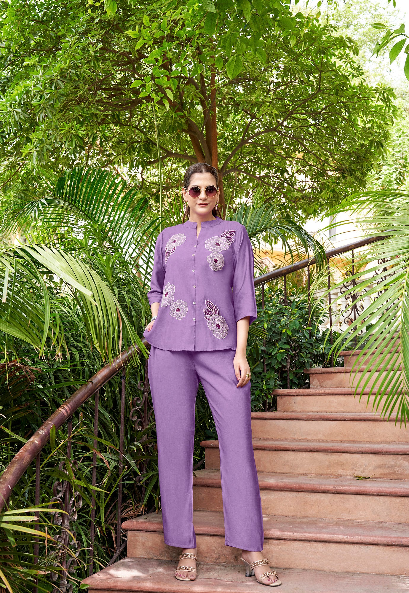 Embroidered Mandarin Collar Neck Shirt With Trousers-PRANJAL