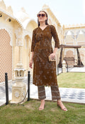 Ethnic Motifs Printed V-Neck Straight Kurta with Trousers-FLORAL STYLE