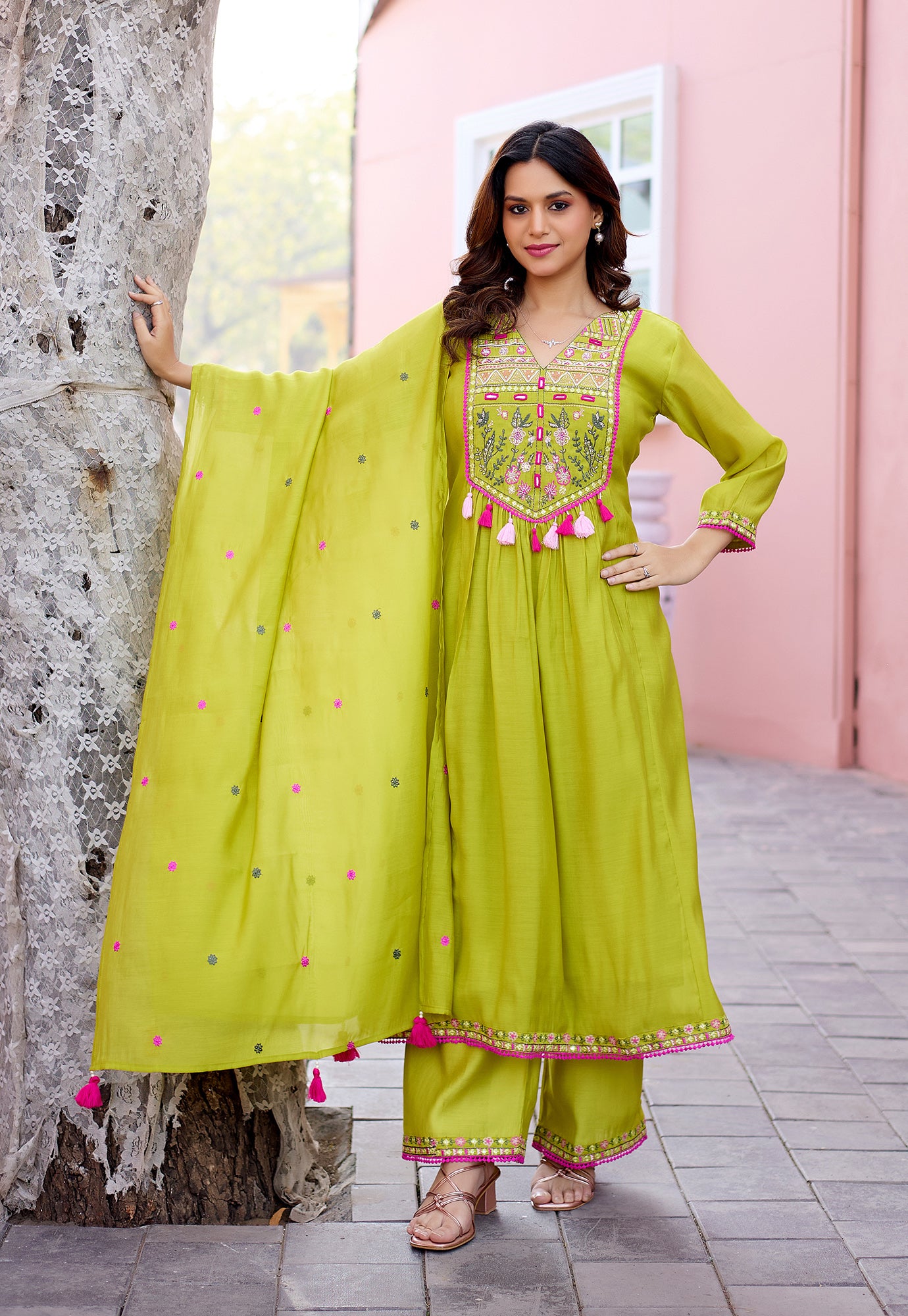 Women Ethnic Motifs Embroidered  Thread Work Chanderi  Kurta with Palazzos &  Dupatta-IV-1037