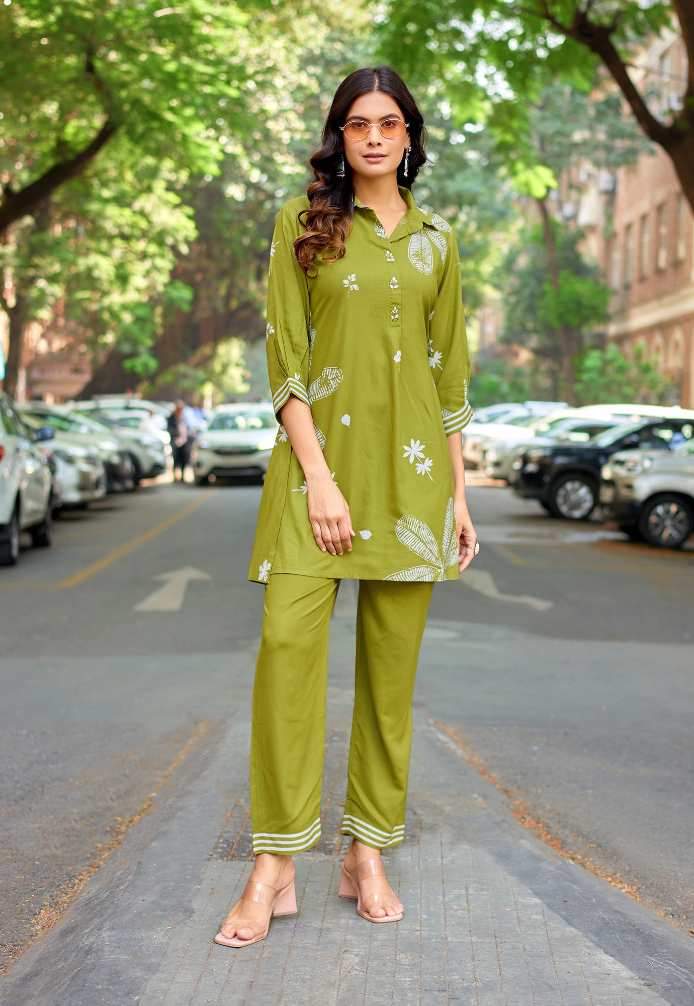 Printed Shirt Collar Tunic & Trousers Co-Ords-RASIKA