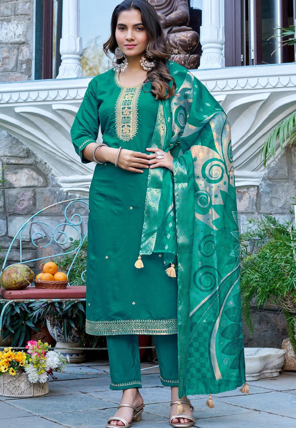 Women Printed Angrakha Pure Cotton Kurta with Trousers & With Dupatta-215