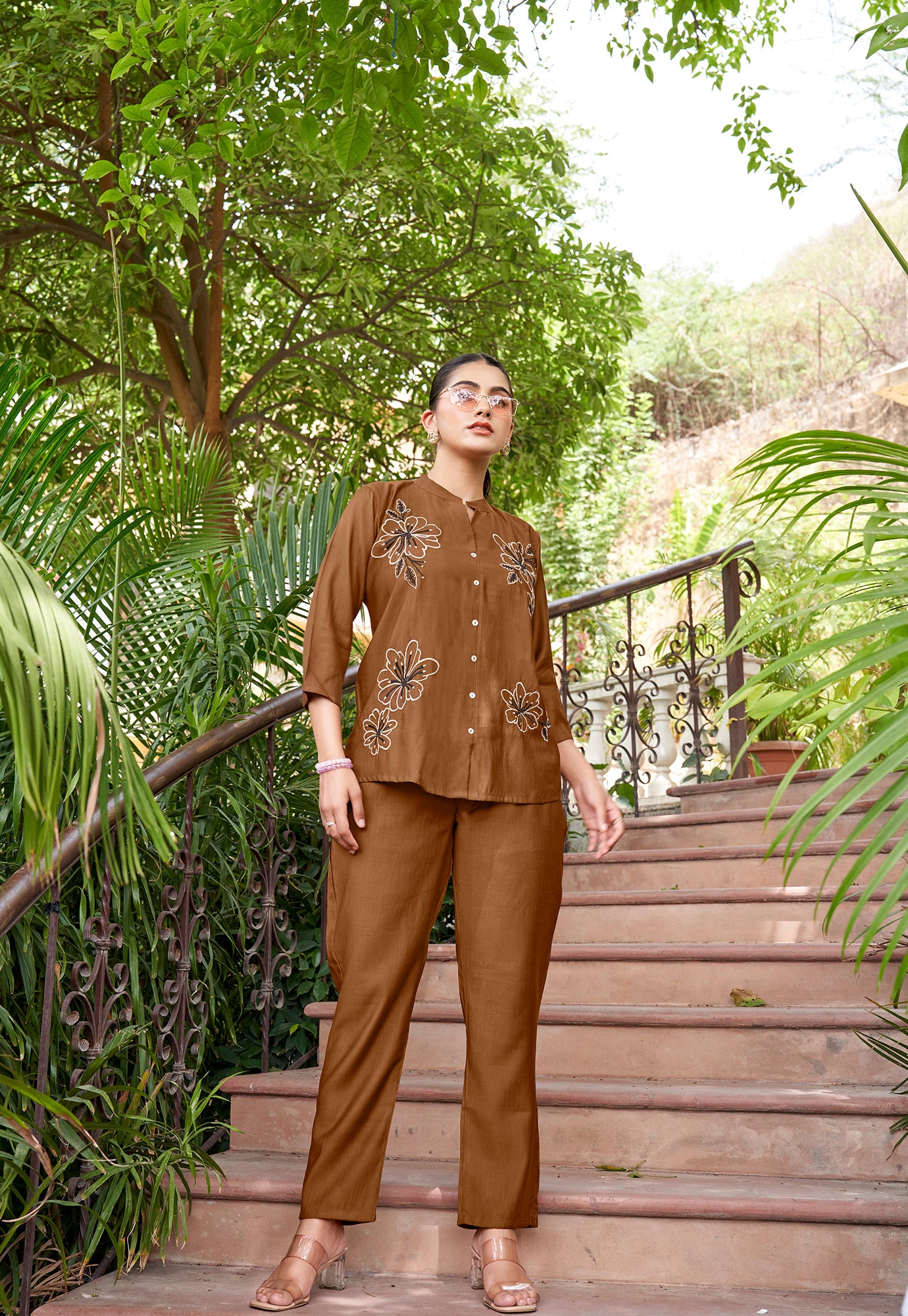 Embroidered Mandarin Collar Neck Shirt With Trousers-PRANJAL