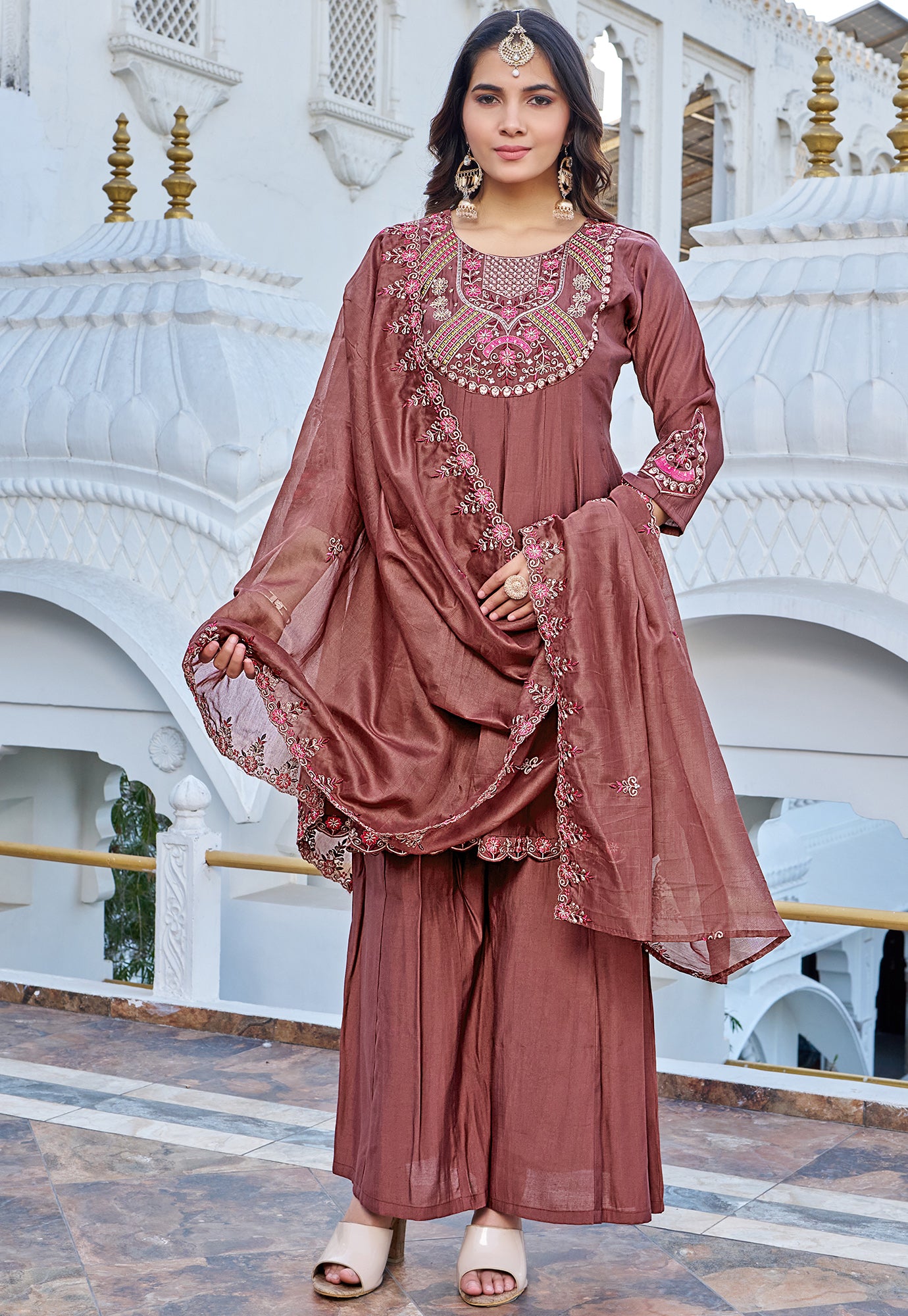Women Ethnic Motifs Embroidered Panelled Beads and Stones Kurta with Palazzos & With Dupatta-KS-217
