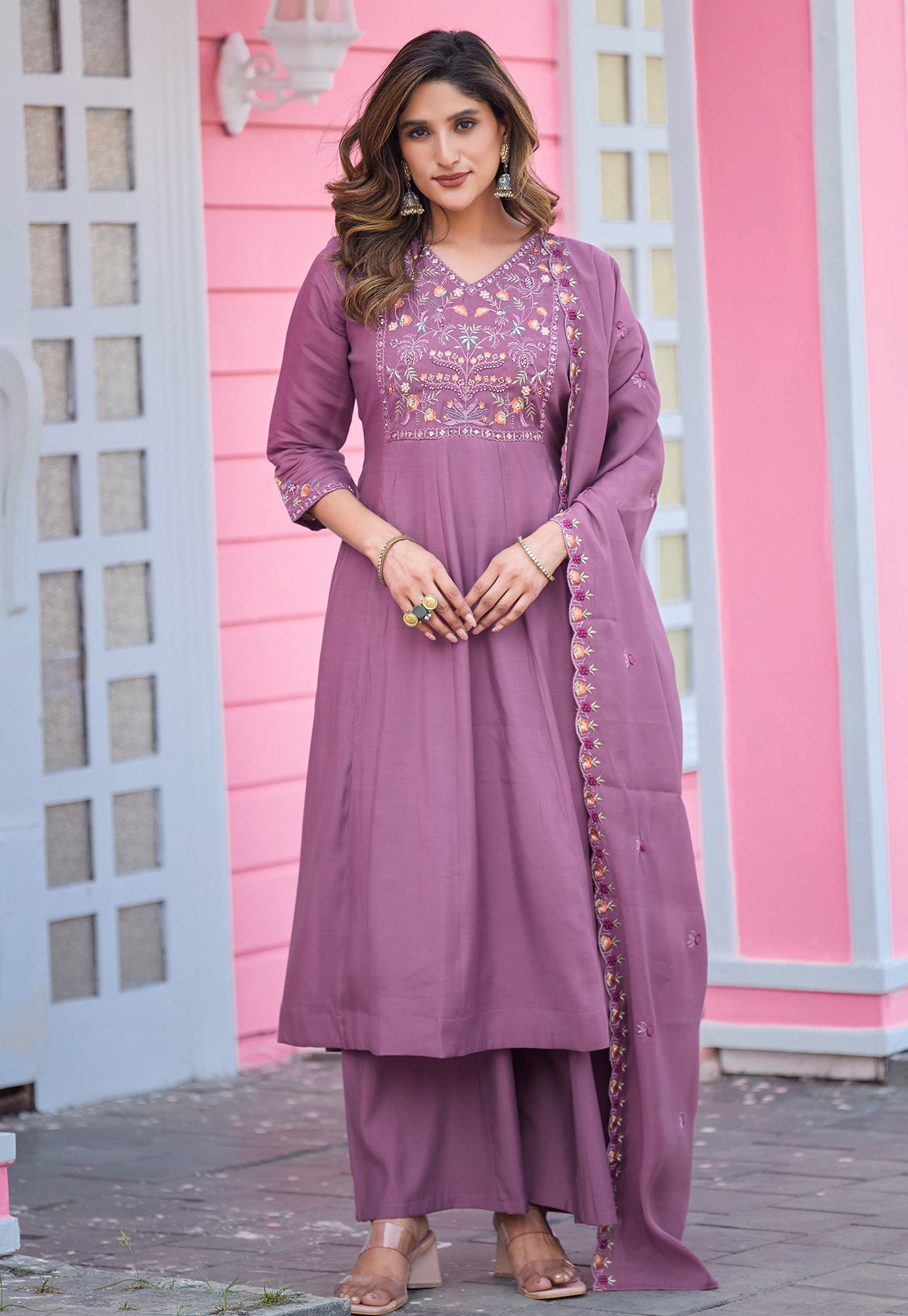 Floral Embroidered Thread Work Chanderi Silk Kurta with Palazzos & With Dupatta-KS-193
