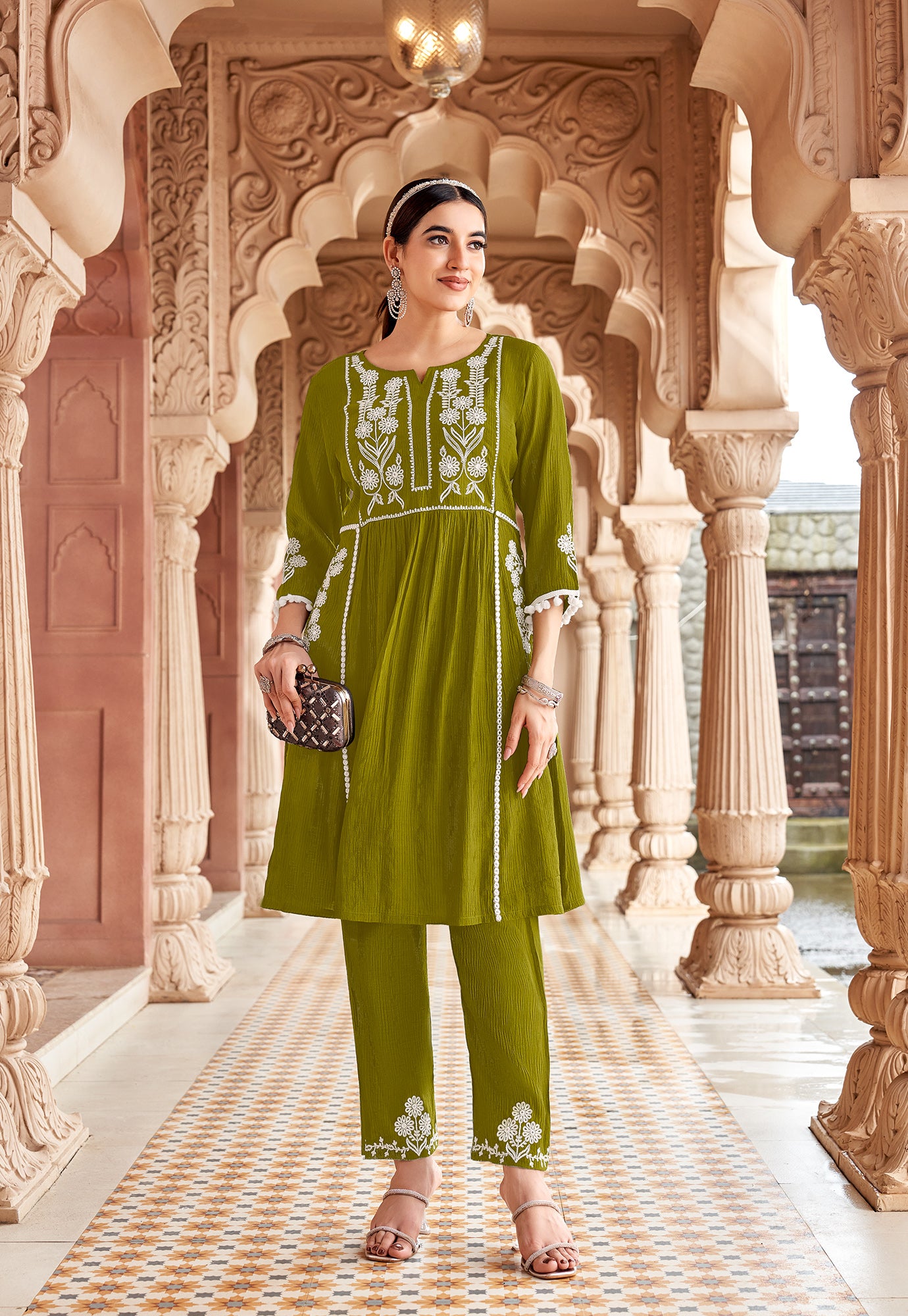 Women Floral Embroidered Pleated Thread Work Kurta with Trousers-NOVA