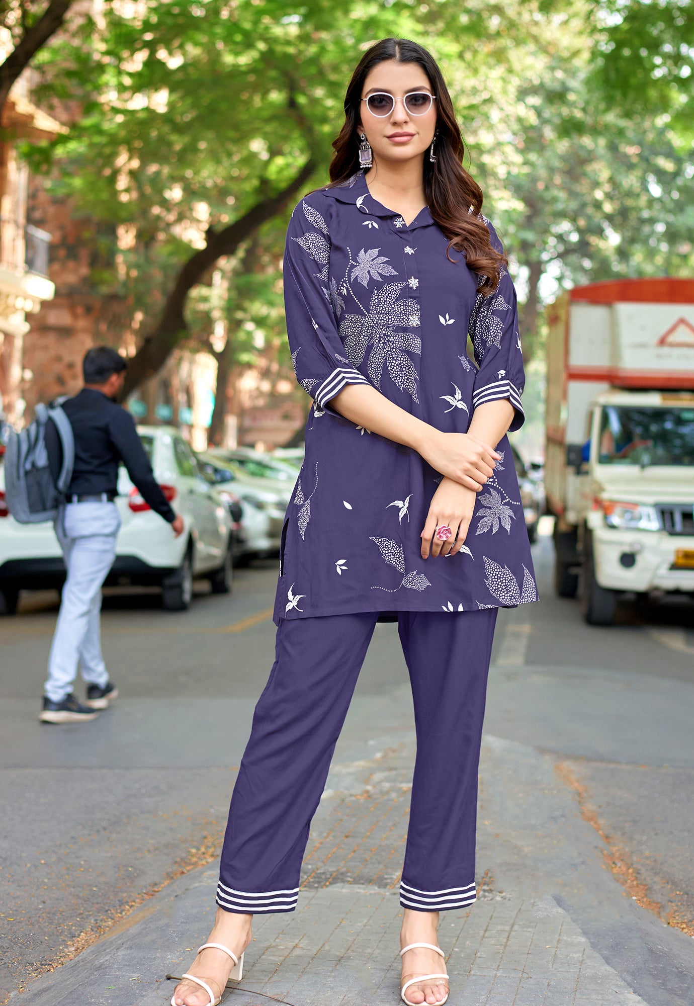 Printed Shirt Collar Tunic & Trousers Co-Ords-RASIKA