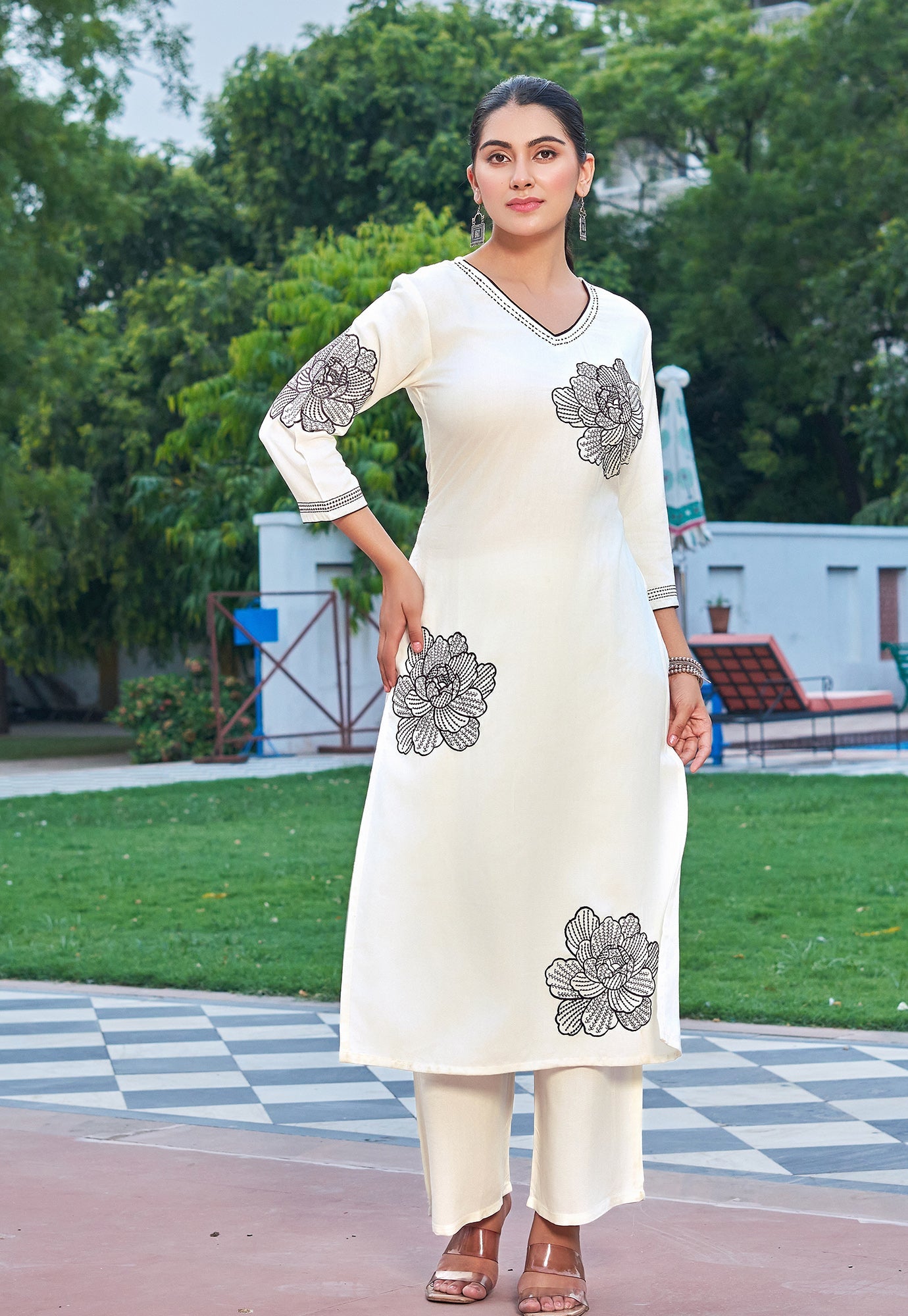 Women Floral Embroidered Kurta with Palazzos-RAMYAA