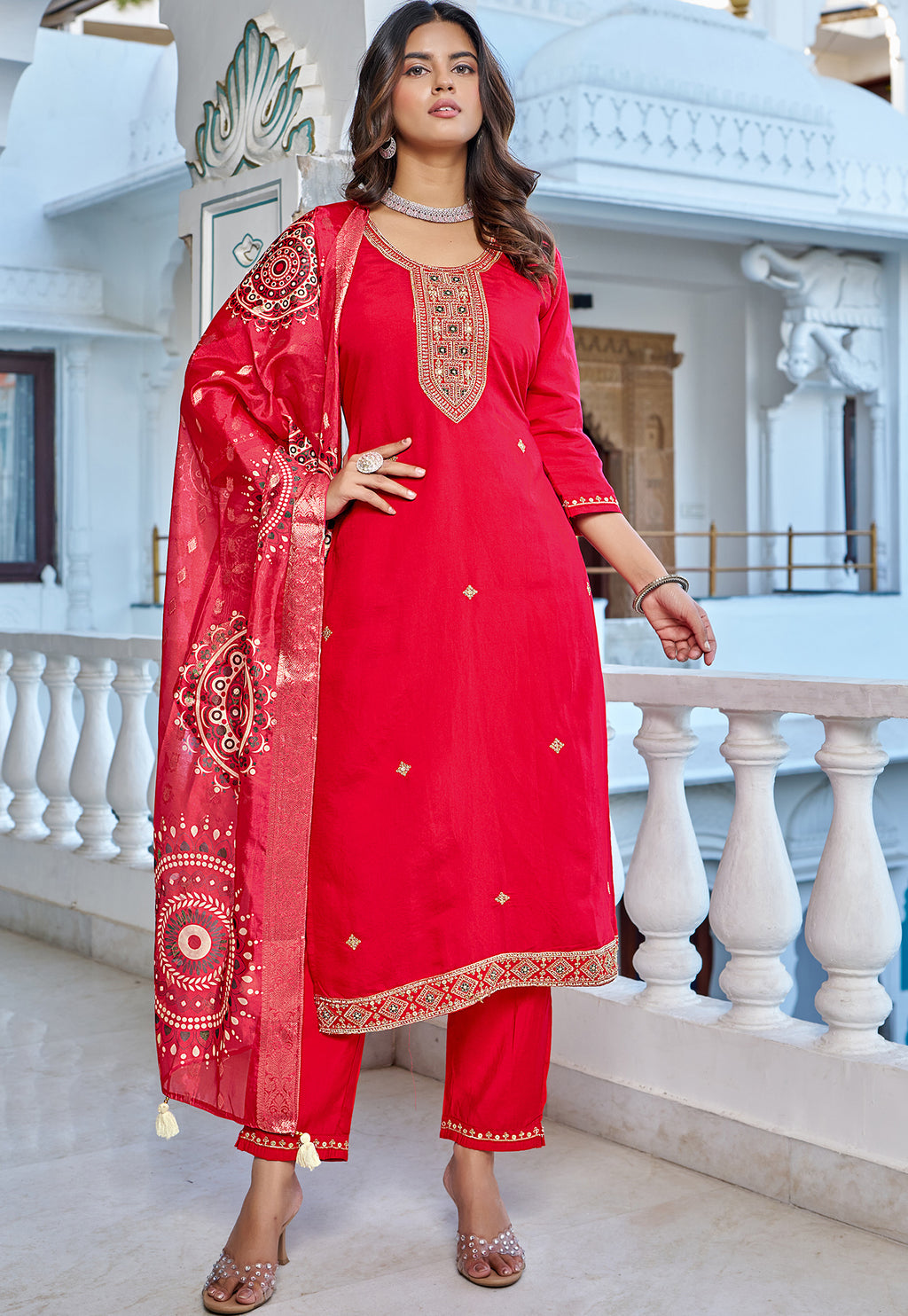 Women Printed Angrakha Pure Cotton Kurta with Trousers & With Dupatta-KS-213