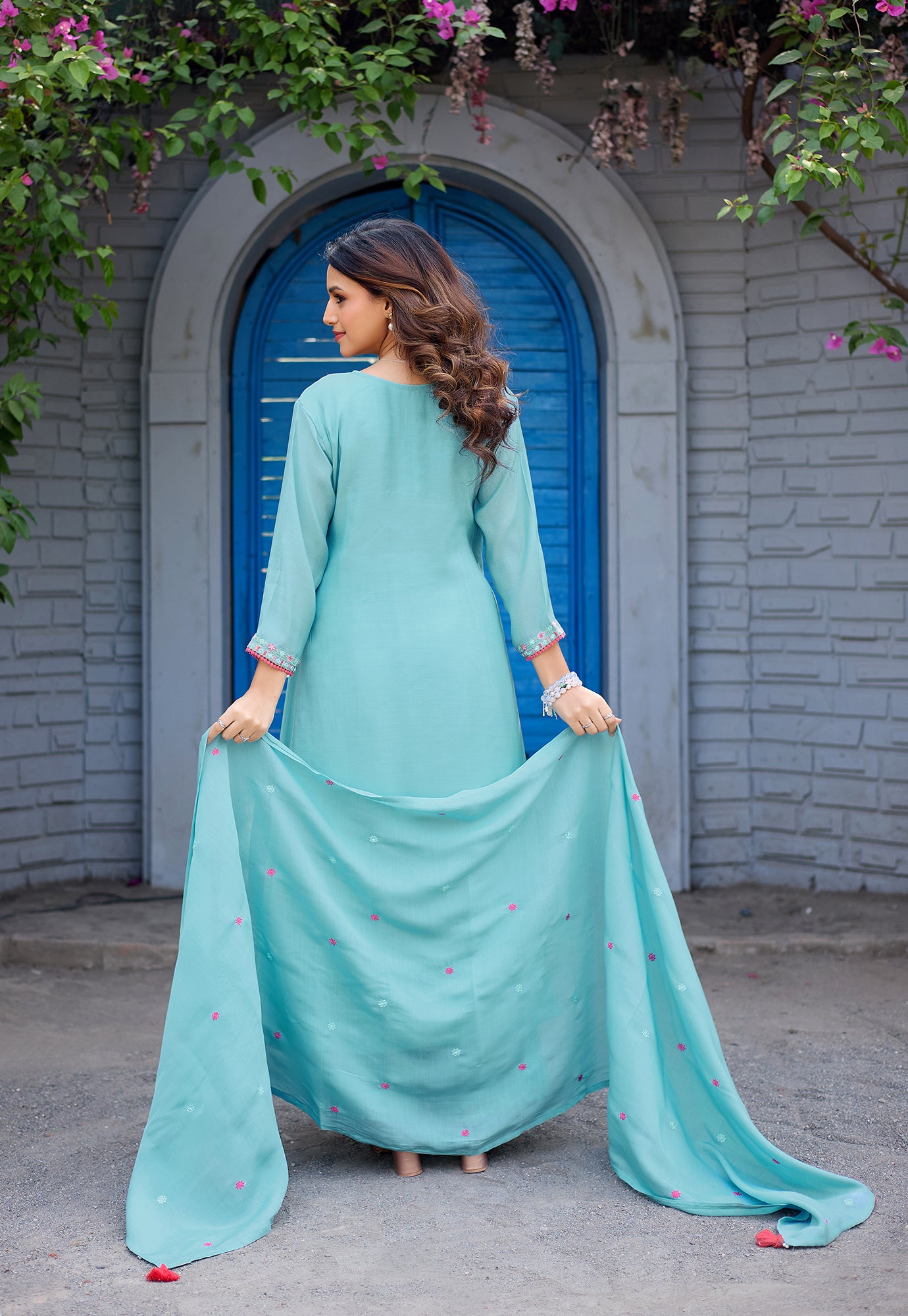 Women Ethnic Motifs Embroidered  Thread Work Chanderi  Kurta with Palazzos &  Dupatta-IV-1036