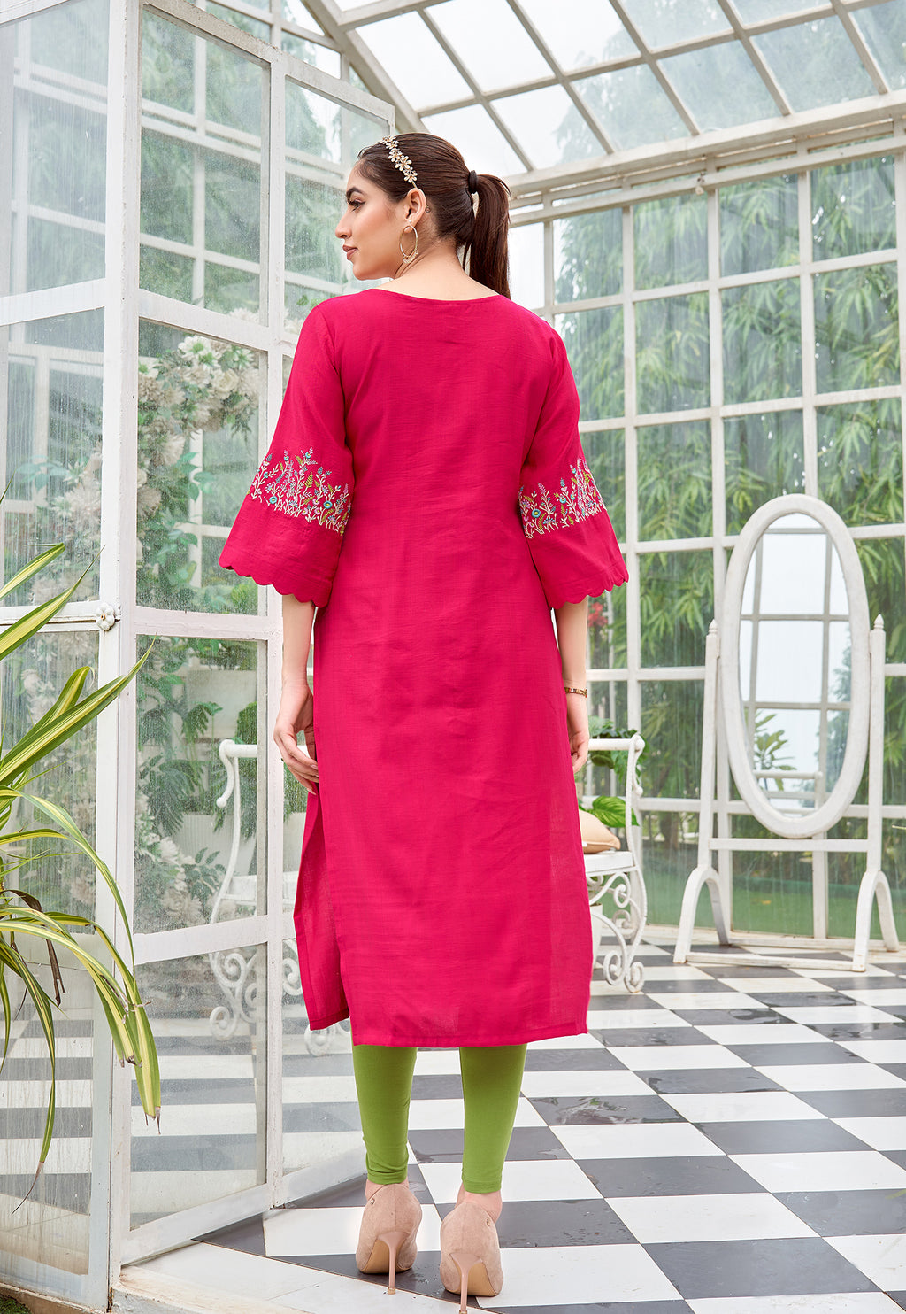Floral Embroidered Flared Sleeves Thread Work Thread Work Kurti-ZAREENA