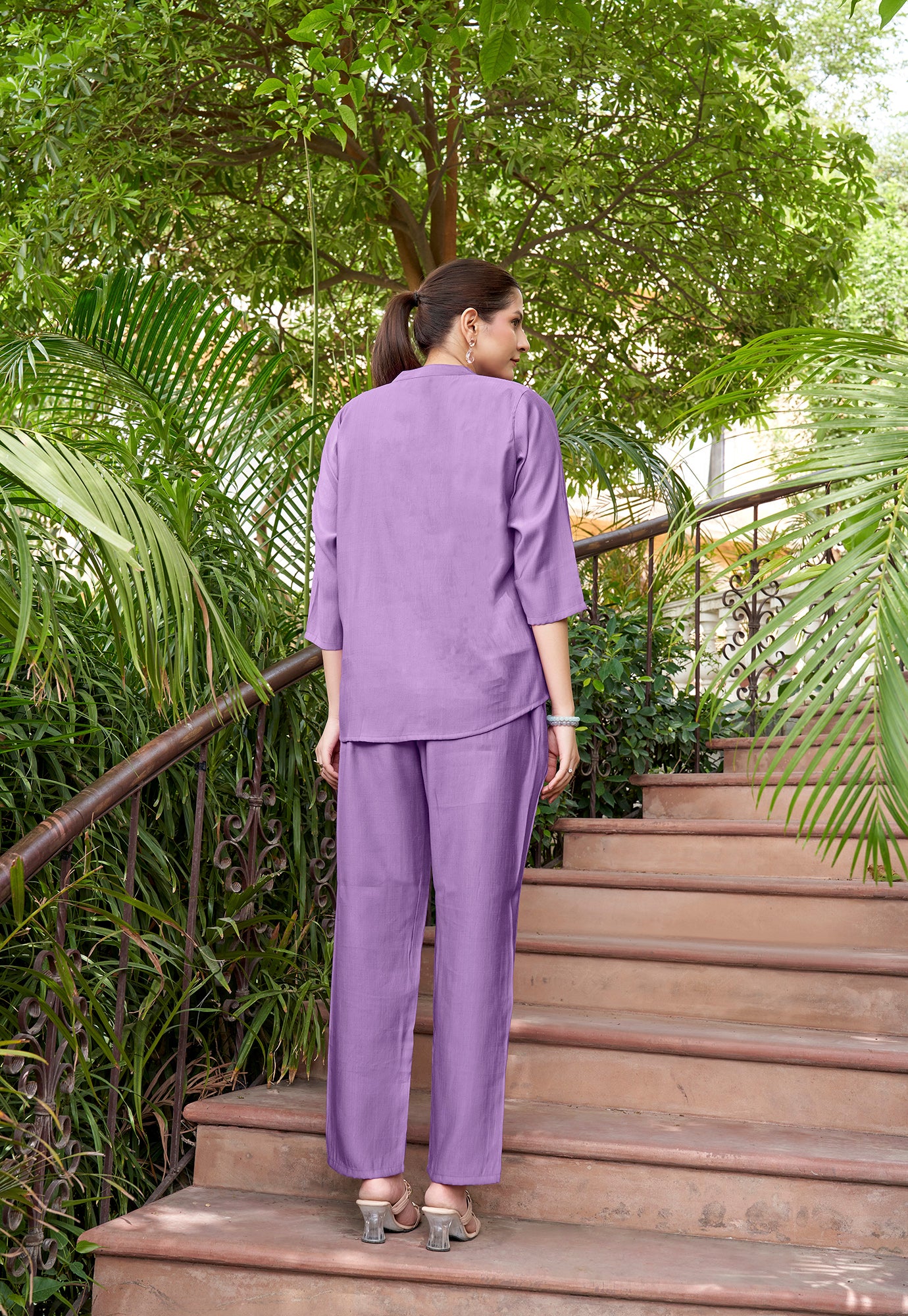 Embroidered Mandarin Collar Neck Shirt With Trousers-PRANJAL