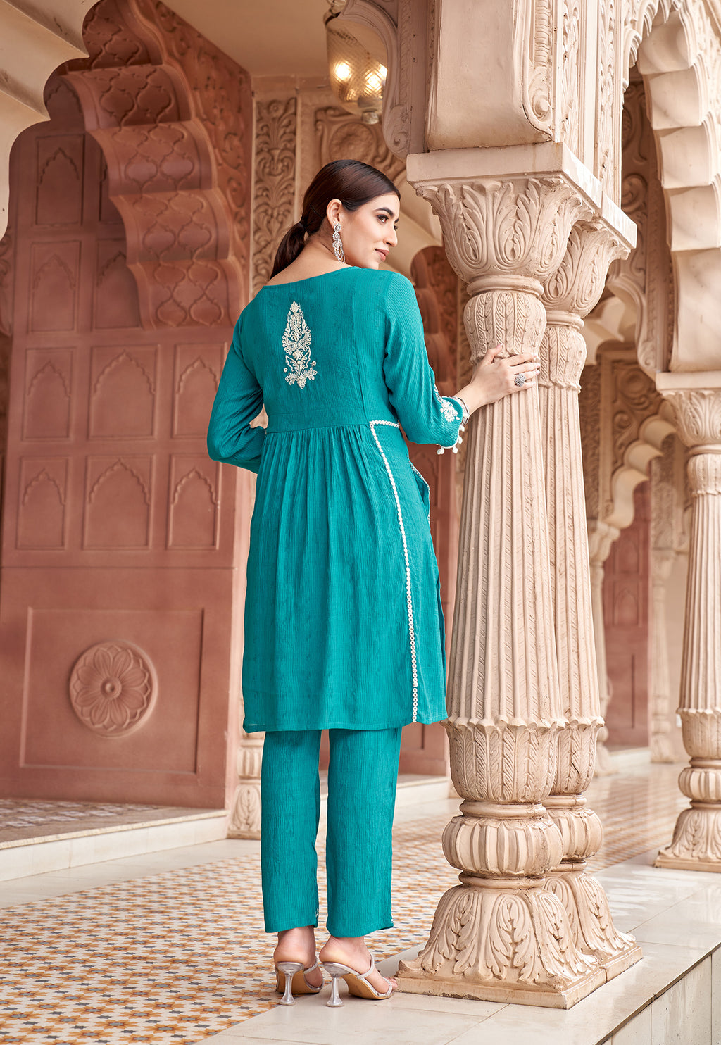 Women Floral Embroidered Pleated Thread Work Kurta with Trousers-NOVA