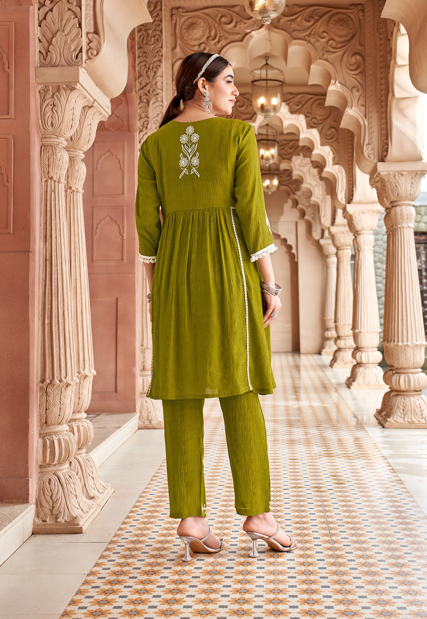 Women Floral Embroidered Pleated Thread Work Kurta with Trousers-NOVA