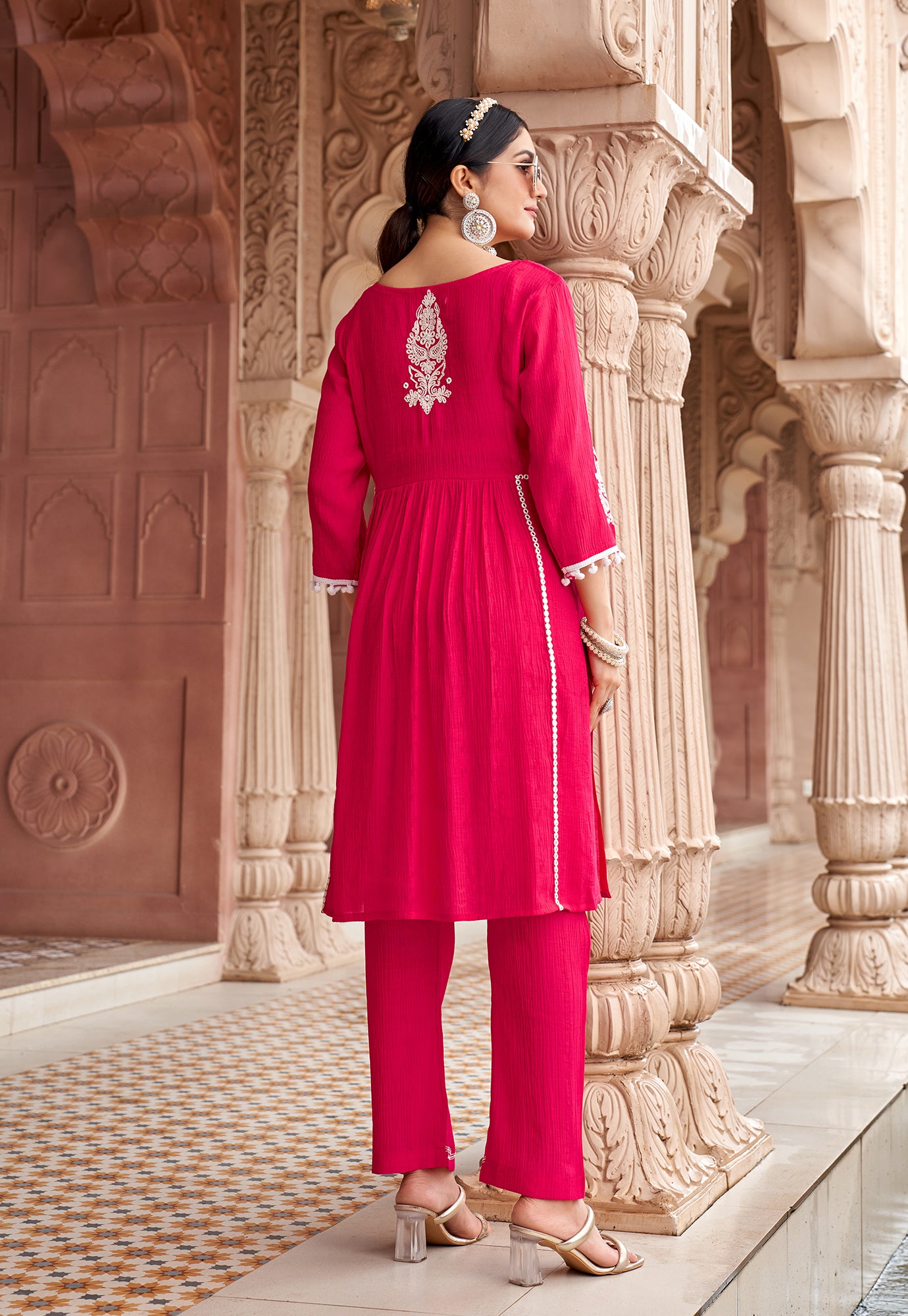Women Floral Embroidered Pleated Thread Work Kurta with Trousers-NOVA