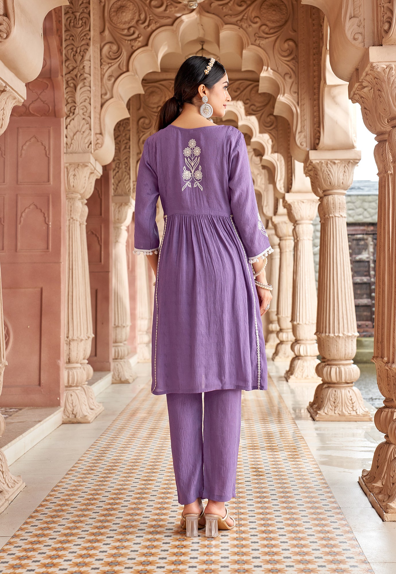 Women Floral Embroidered Pleated Thread Work Kurta with Trousers-NOVA