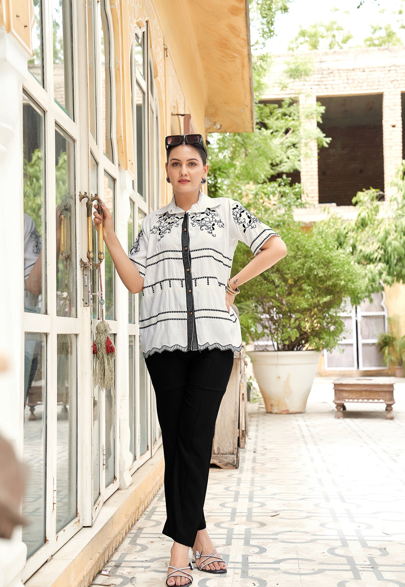 Women Embroidered Pure Cotton Shirt with Trousers Co-Ords-BLIZZ