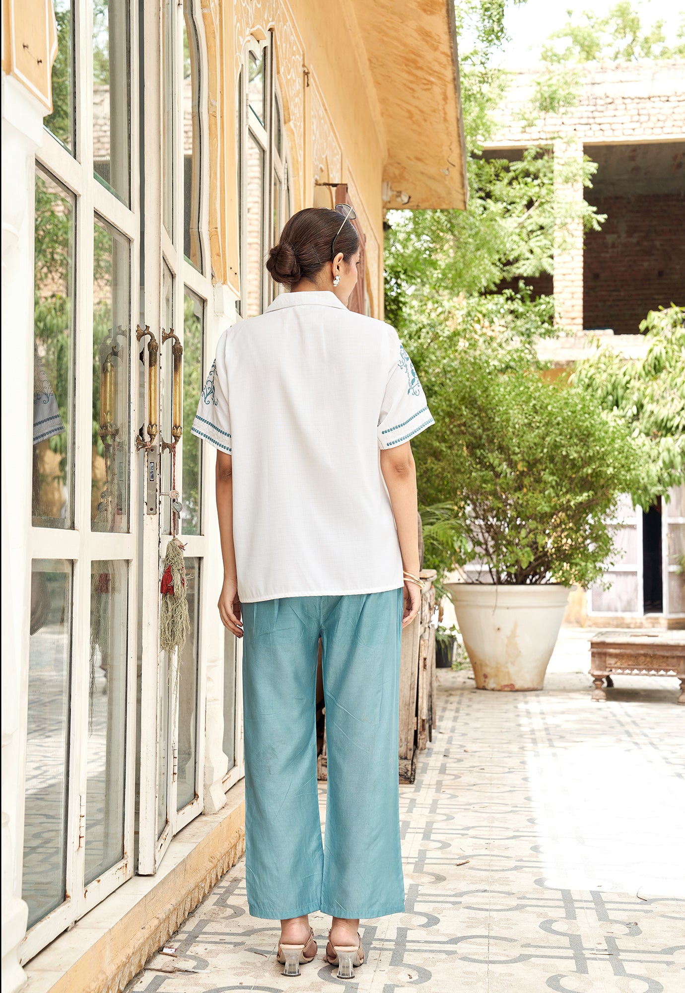 Women Embroidered Pure Cotton Shirt with Trousers Co-Ords-BLIZZ