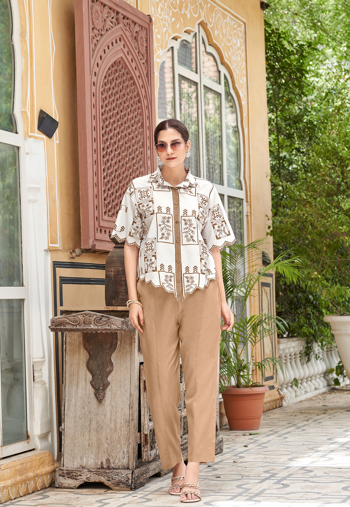 Women Embroidered Pure Cotton Shirt with Trousers Co-Ords-BLIZZ
