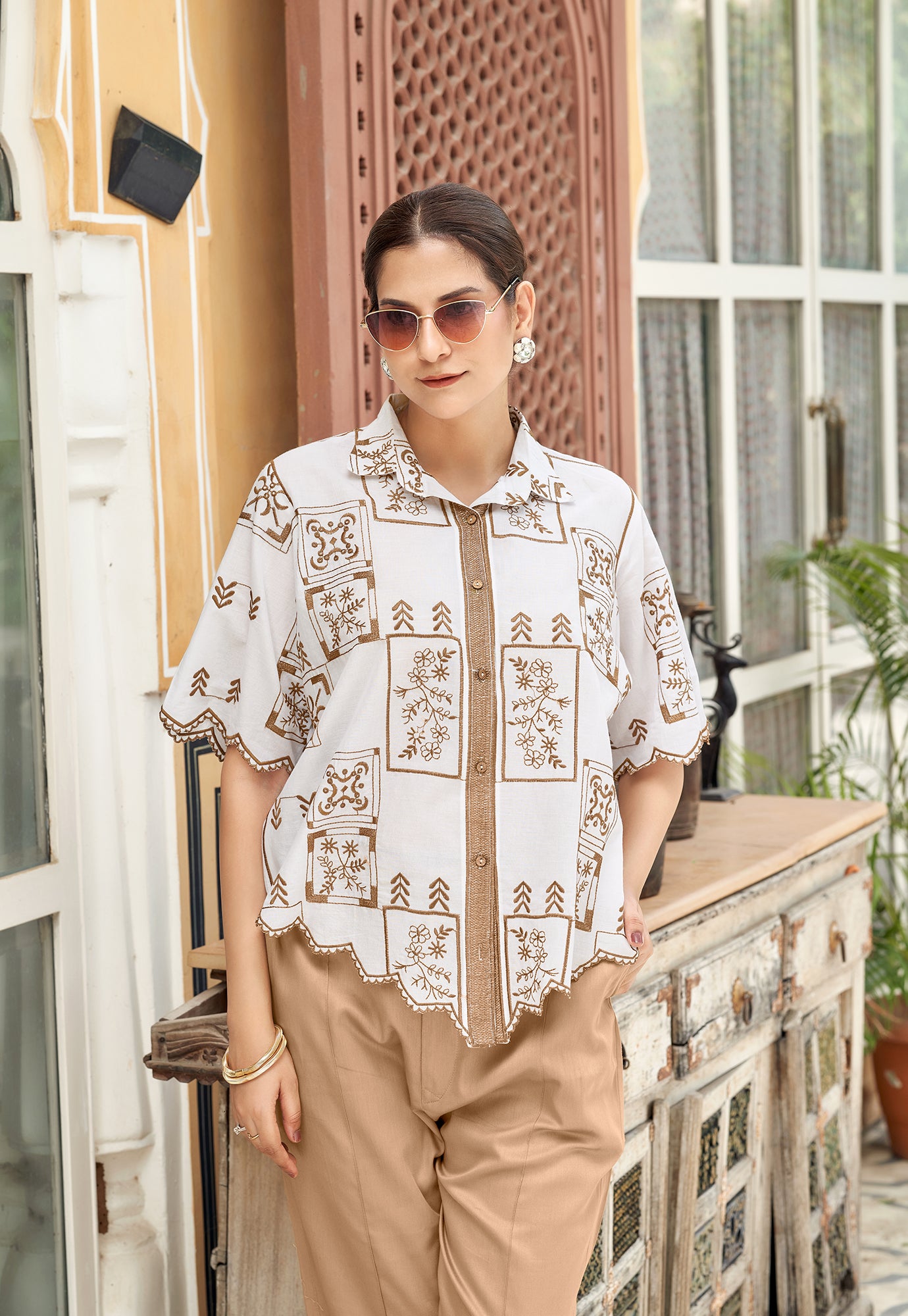 Women Embroidered Pure Cotton Shirt with Trousers Co-Ords-BLIZZ
