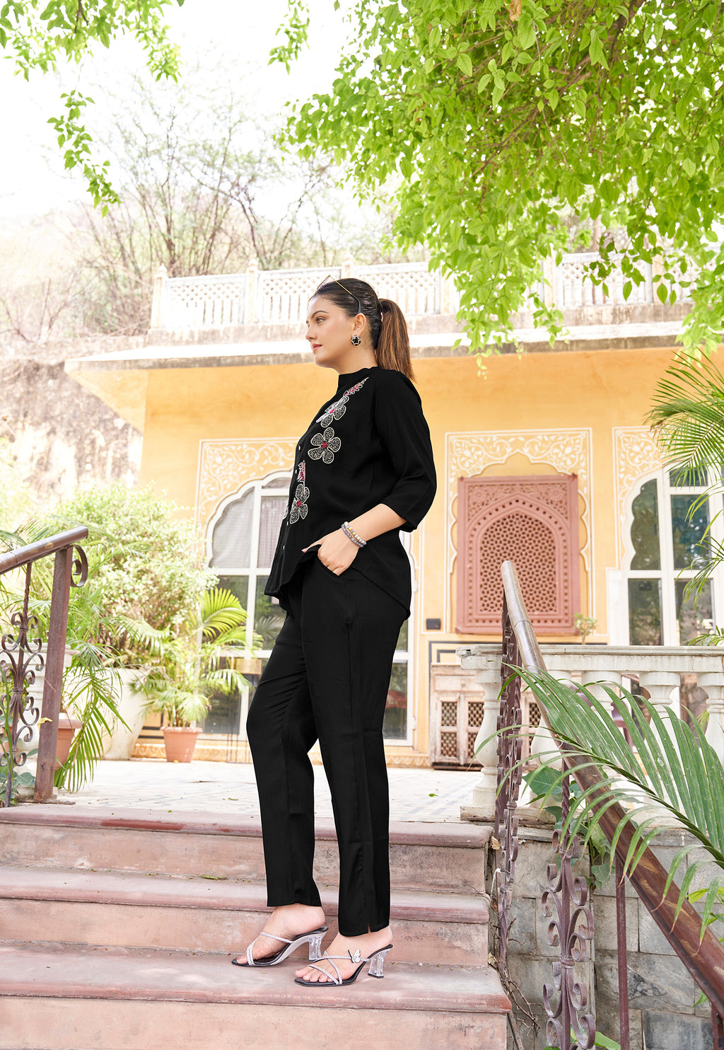 Embroidered Mandarin Collar Neck Shirt With Trousers-PRANJAL