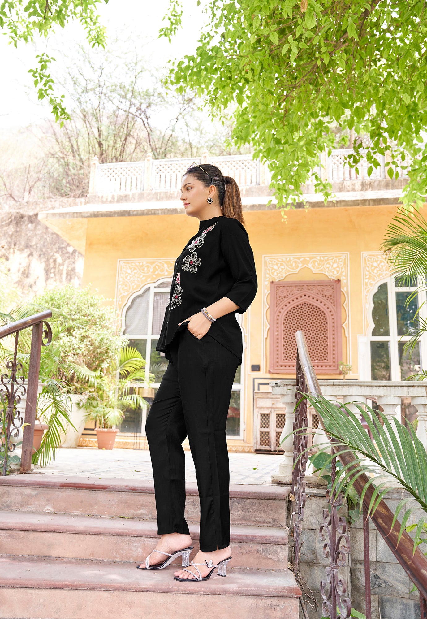 Embroidered Mandarin Collar Neck Shirt With Trousers-PRANJAL