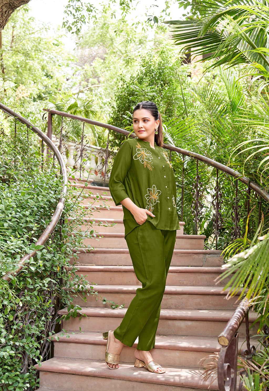 Embroidered Mandarin Collar Neck Shirt With Trousers-PRANJAL