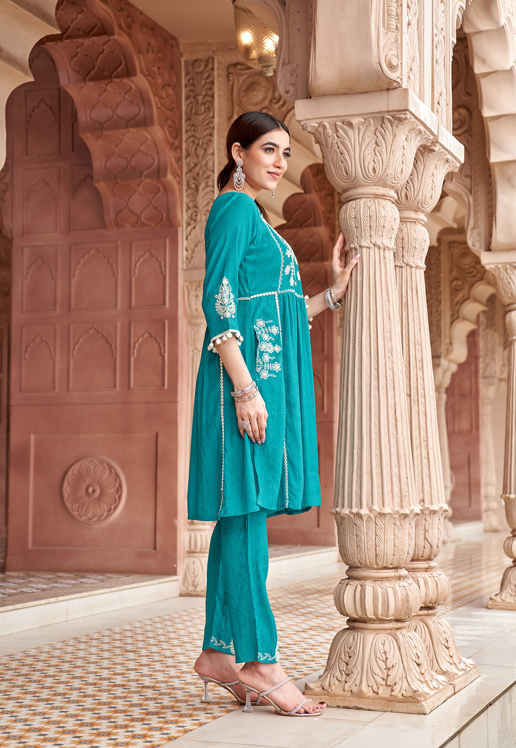 Women Floral Embroidered Pleated Thread Work Kurta with Trousers-NOVA