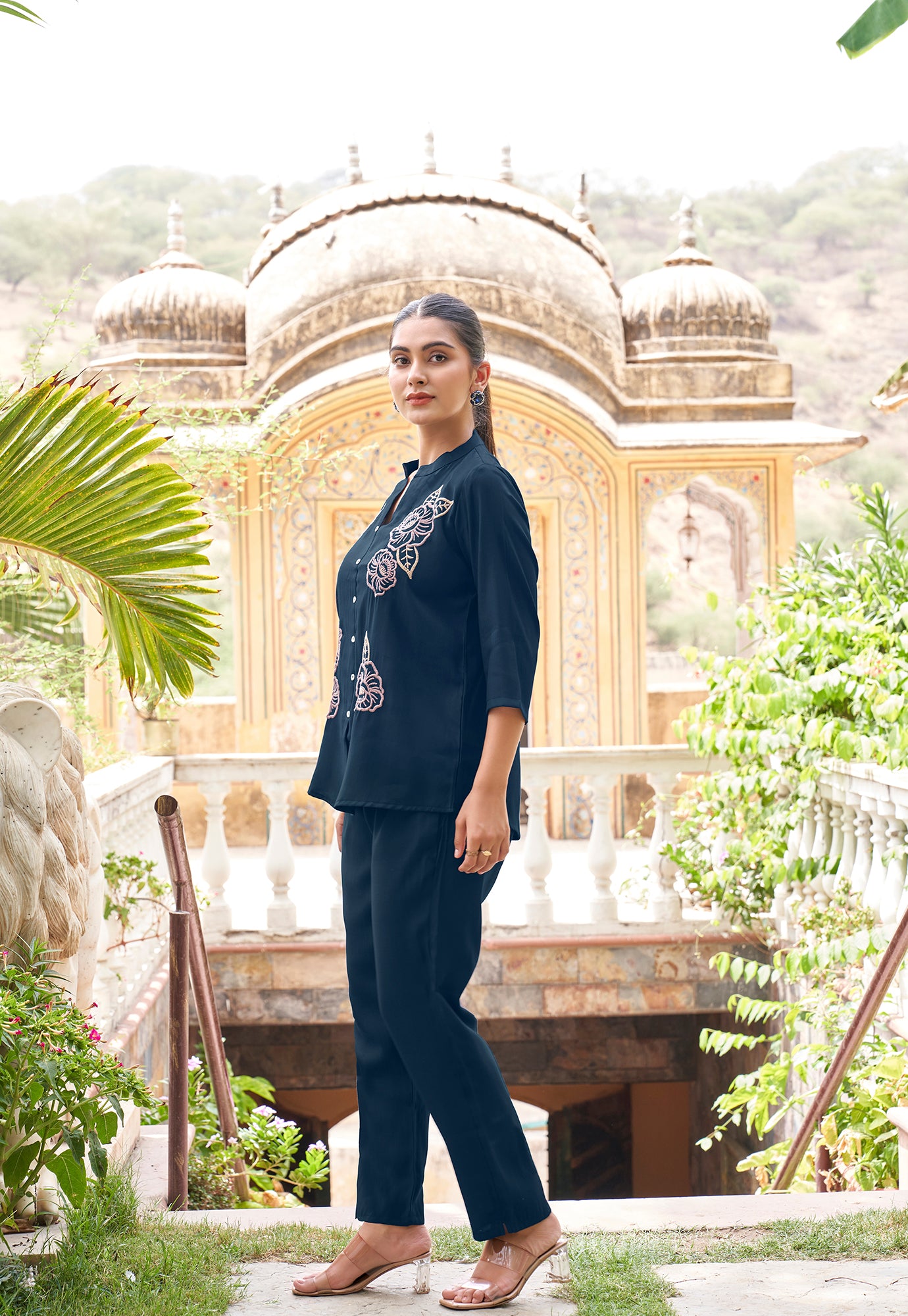Embroidered Mandarin Collar Neck Shirt With Trousers-PRANJAL