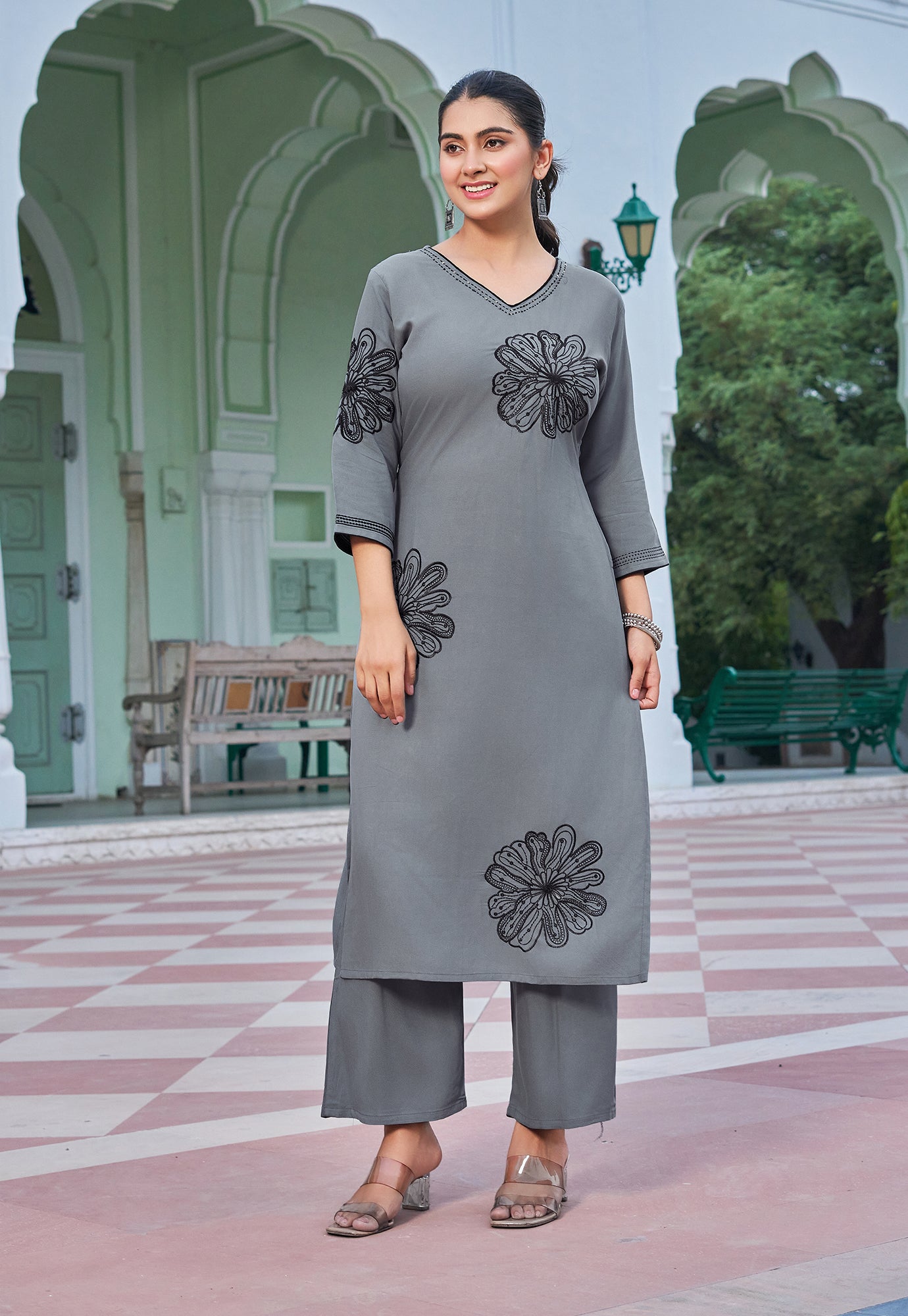 Women Floral Embroidered Kurta with Palazzos-RAMYAA