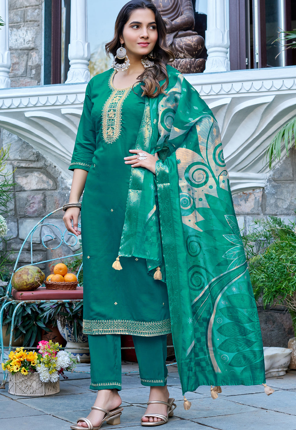 Women Printed Angrakha Pure Cotton Kurta with Trousers & With Dupatta-215