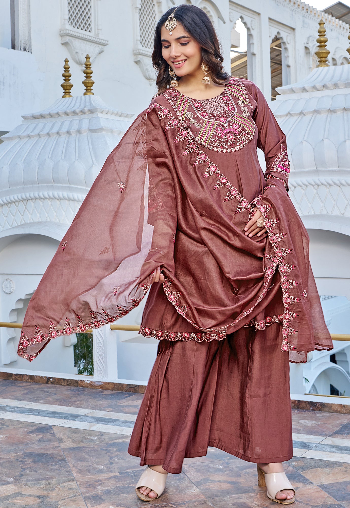 Women Ethnic Motifs Embroidered Panelled Beads and Stones Kurta with Palazzos & With Dupatta-KS-217