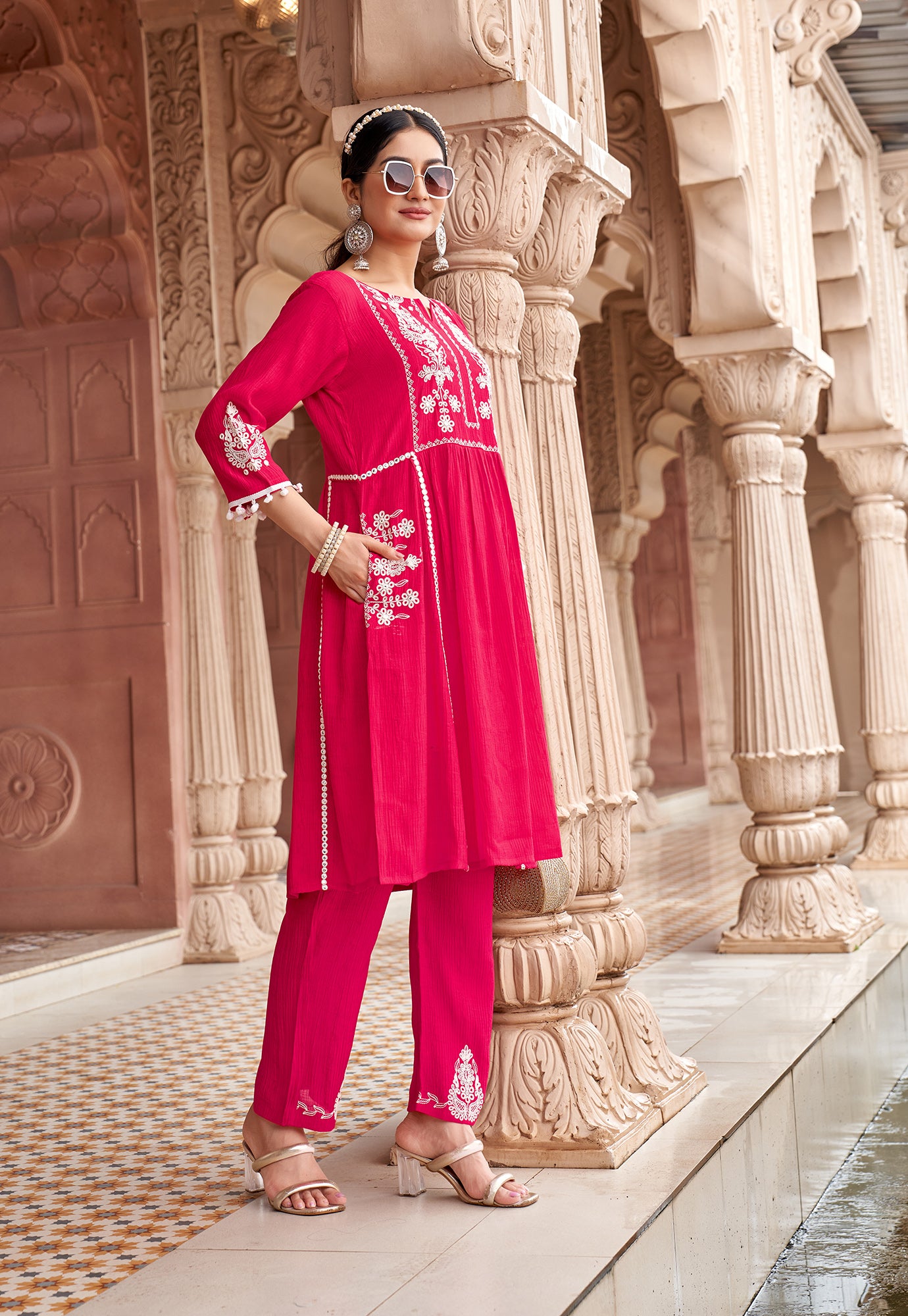 Women Floral Embroidered Pleated Thread Work Kurta with Trousers-NOVA
