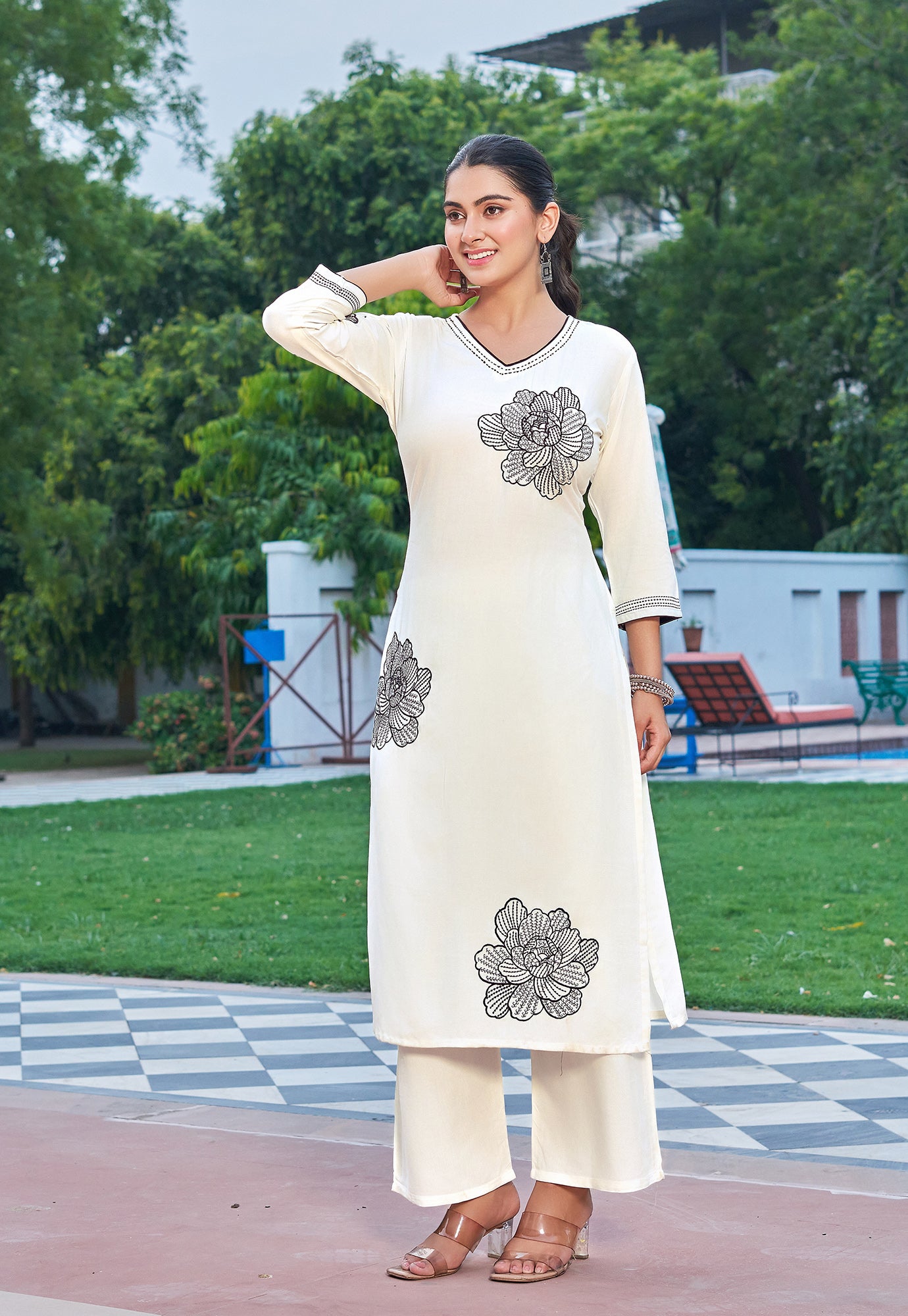 Women Floral Embroidered Kurta with Palazzos-RAMYAA