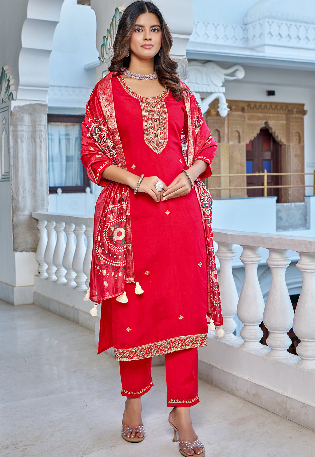 Women Printed Angrakha Pure Cotton Kurta with Trousers & With Dupatta-KS-213