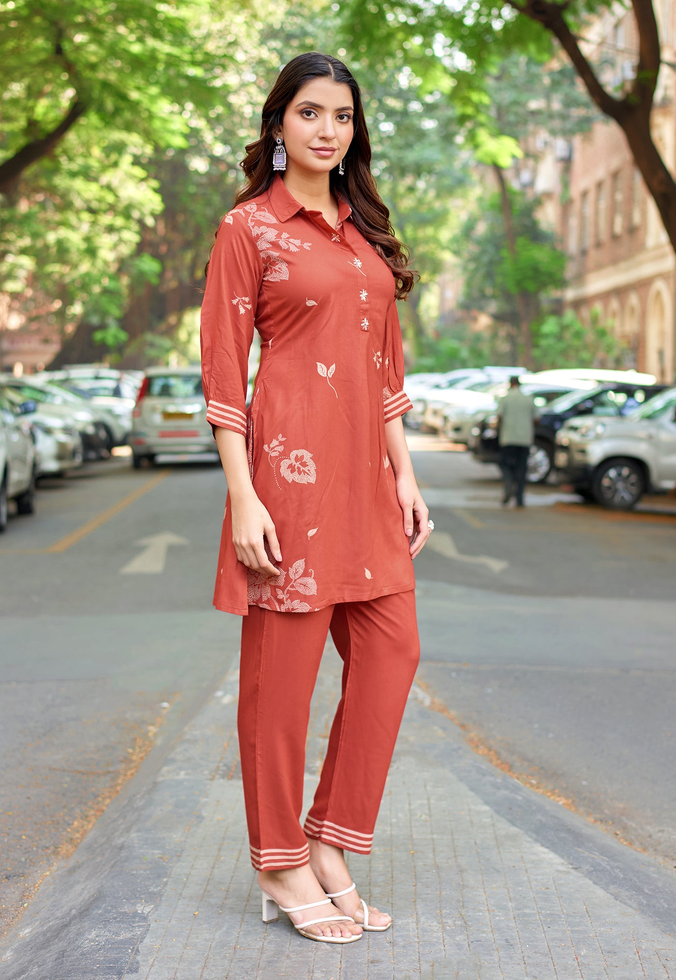 Printed Shirt Collar Tunic & Trousers Co-Ords-RASIKA