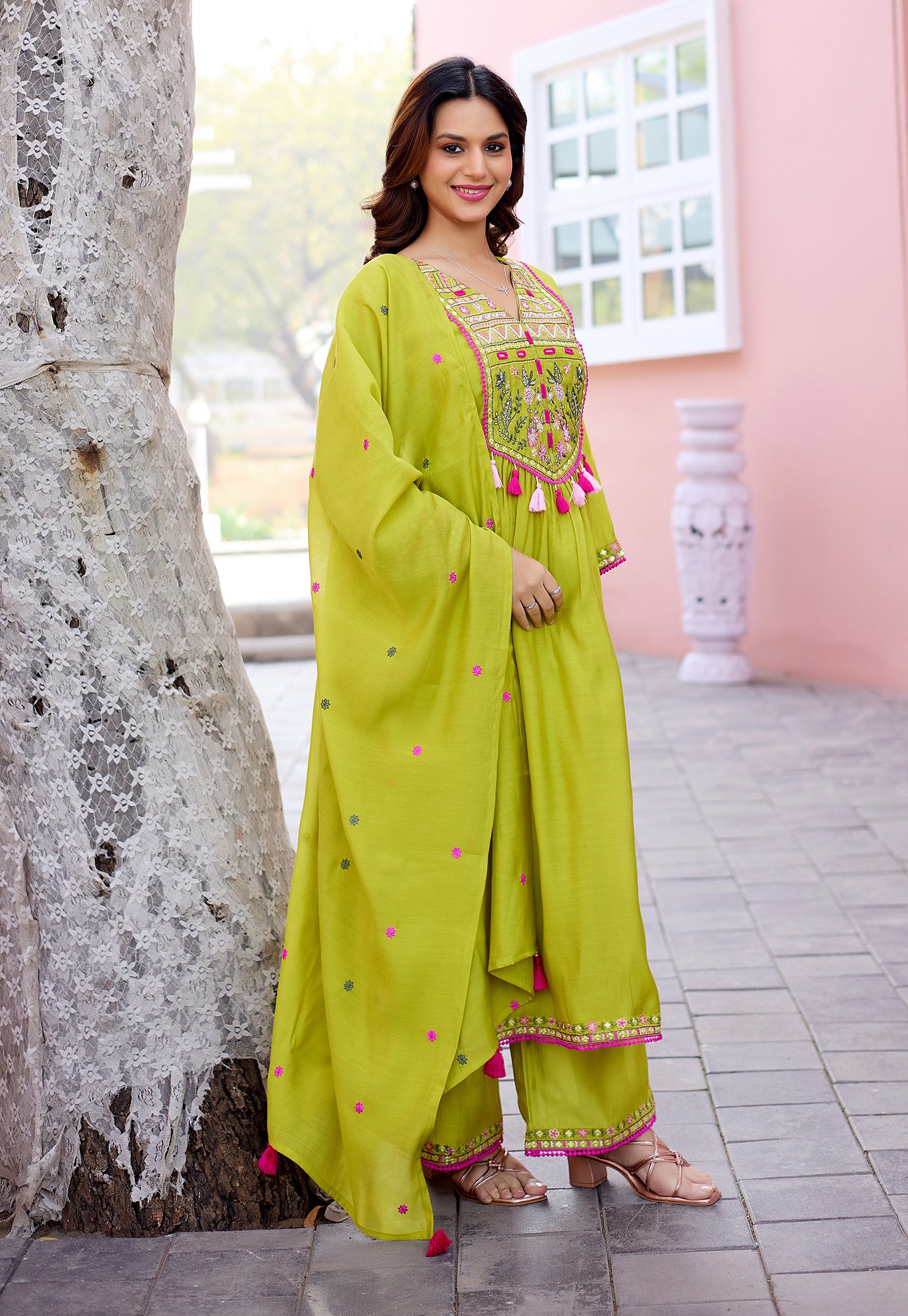 Women Ethnic Motifs Embroidered  Thread Work Chanderi  Kurta with Palazzos &  Dupatta-IV-1037