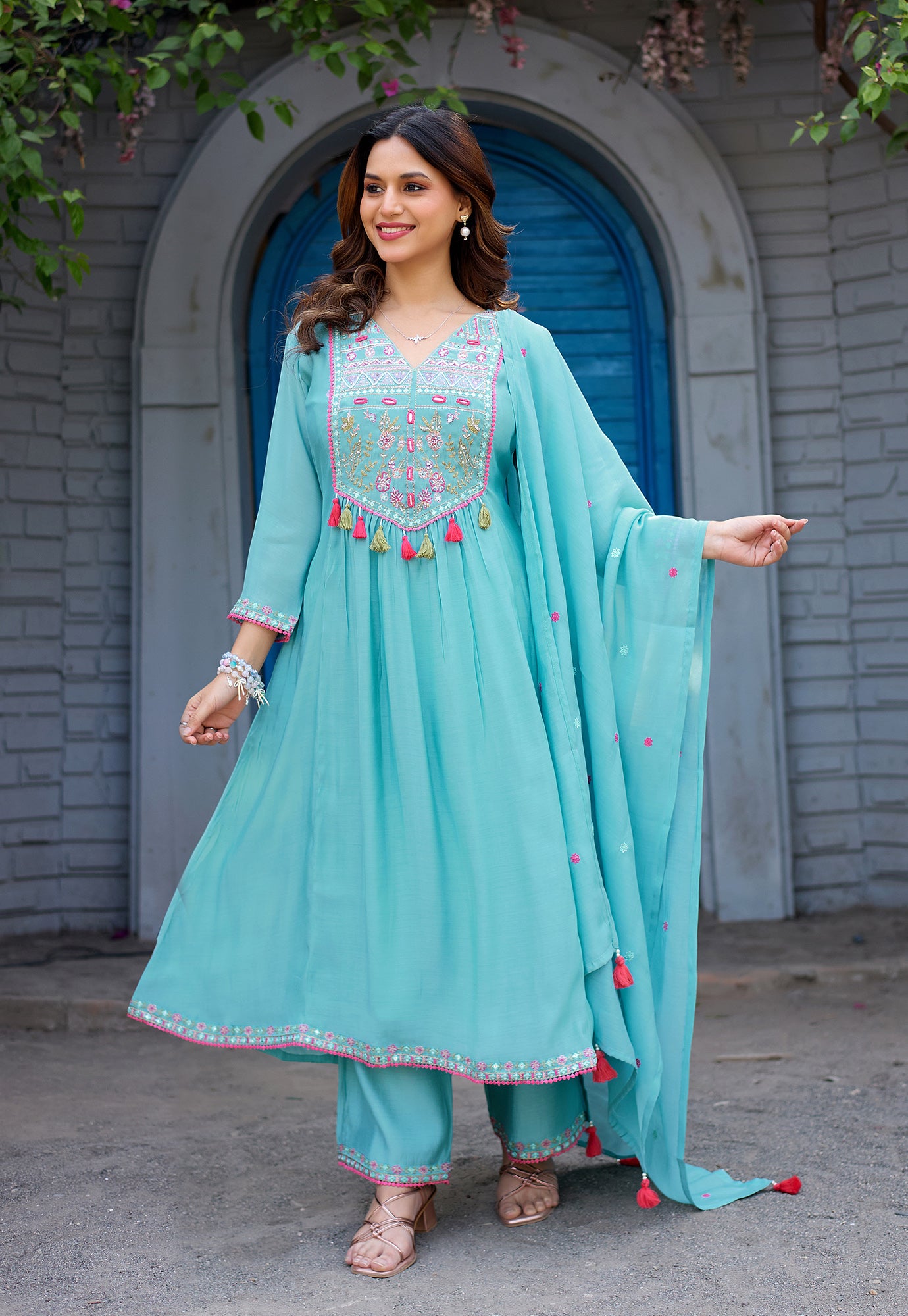 Women Ethnic Motifs Embroidered  Thread Work Chanderi  Kurta with Palazzos &  Dupatta-IV-1036