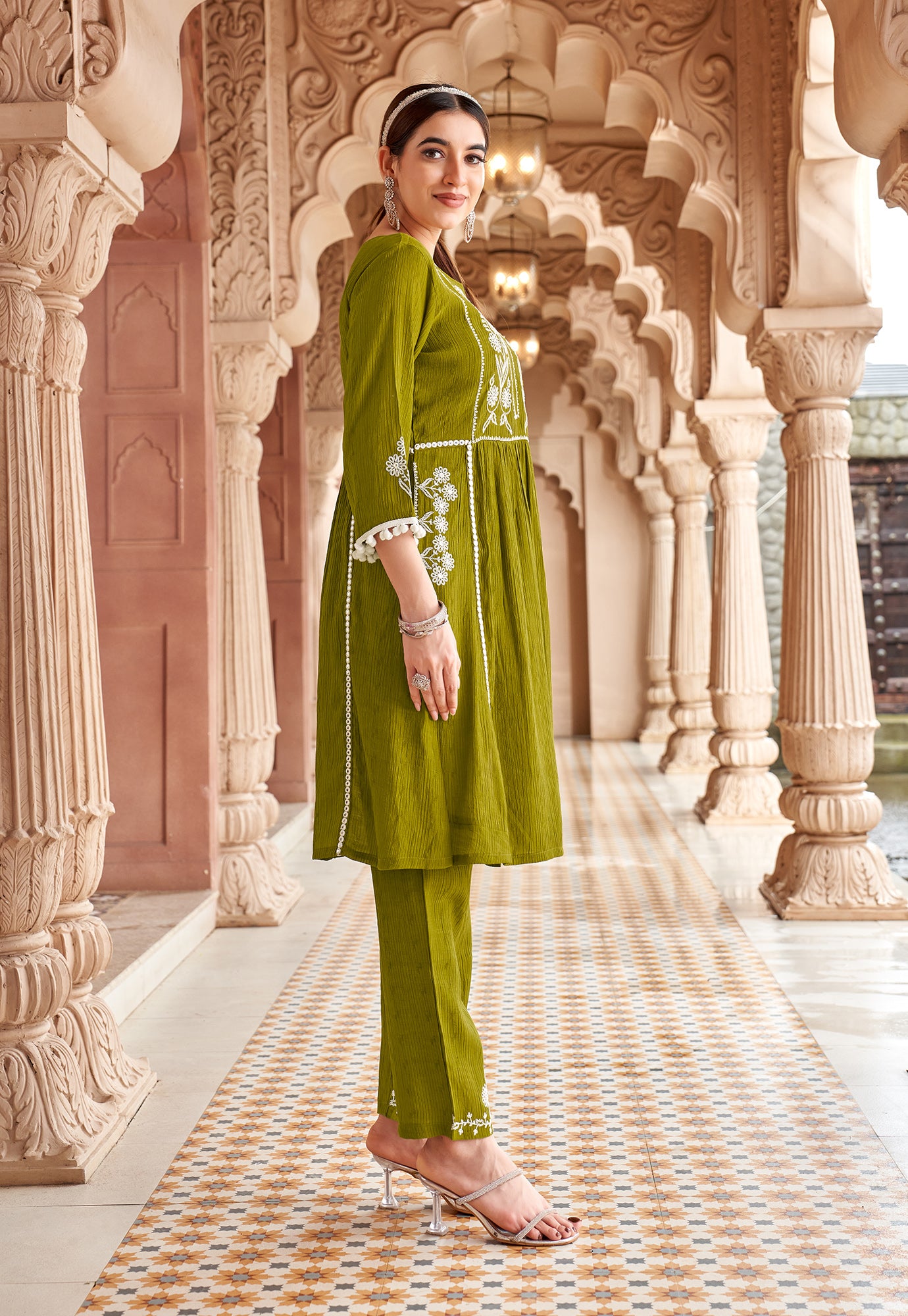 Women Floral Embroidered Pleated Thread Work Kurta with Trousers-NOVA