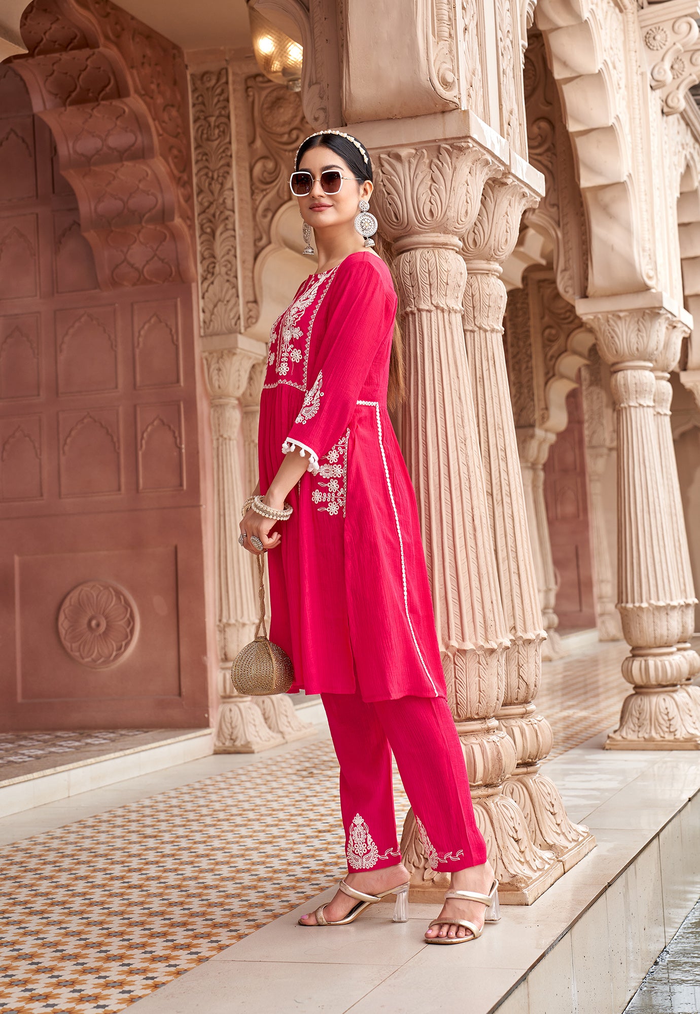 Women Floral Embroidered Pleated Thread Work Kurta with Trousers-NOVA