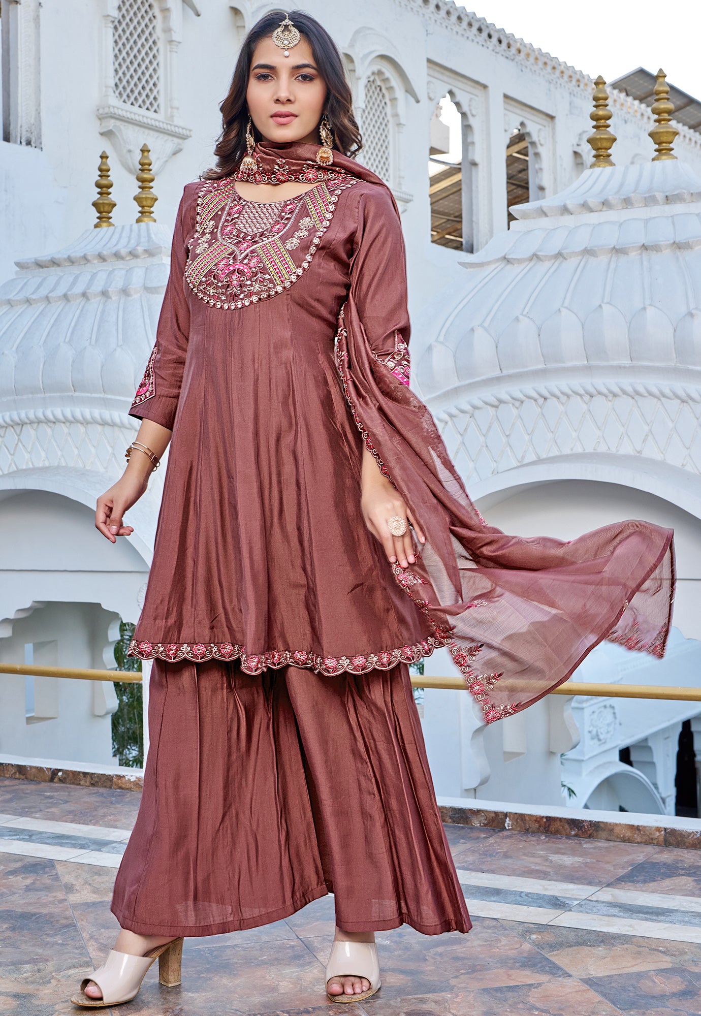Women Ethnic Motifs Embroidered Panelled Beads and Stones Kurta with Palazzos & With Dupatta-KS-217