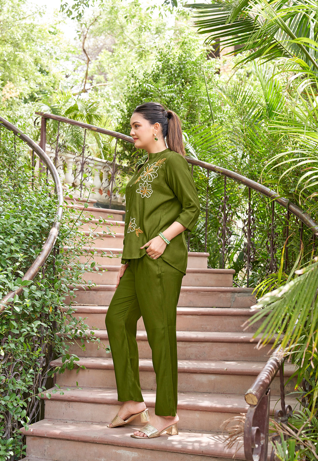 Embroidered Mandarin Collar Neck Shirt With Trousers-PRANJAL